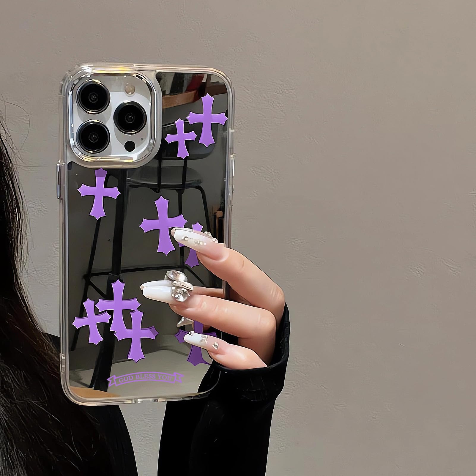 xoniery Compatible with iPhone 15 Pro Max Cute Glossy Mirror Back Case,Purple Cross Pattern,Senior Shockproof Protection for iPhone 15 Pro Max Case