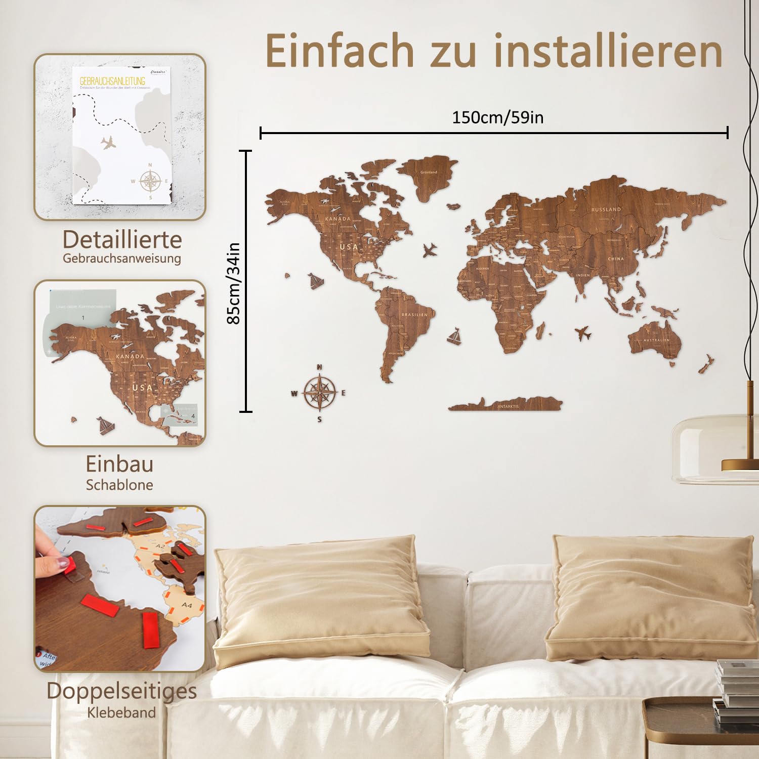 Creawoo Deutsche Holz Weltkarte Wand, handgefertigte Wanddekoration aus Walnussholz Weltkarte, Wandkunst Wanddekoration für Haus & Büro, 150 x 85 cm