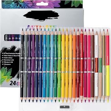 Dual Head Colored Pencils Set, 24 Colors + 5 Extra Pencils | Dual Hardness Drawing & Sketching Pencils| Metallic & Neon Colors, Blender & Burnisher | Art Supplies for Coloring Books 24 Pcs