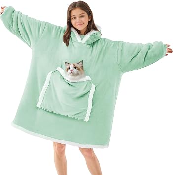 JOYWOO Green Wearable Blanket Hoodie,Oversized Cat Lovers Sweatshirt Blanket for Adult & Teens, Birthday Gifts for Women Men Mom Girl Boys,Cozy Sherpa Fuzzy Blanket Giant Pocket Gifts,Sage green Small