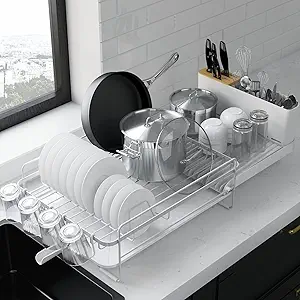 Kitsure Large Dish Drying Rack - Extendable Dish Rack, Multifunctional Dish Rack for Kitchen Counter, Anti-Rust Dish Drainers with Cutlery & Cup Holders 19.2"-26.7" L x 12.9" W, White