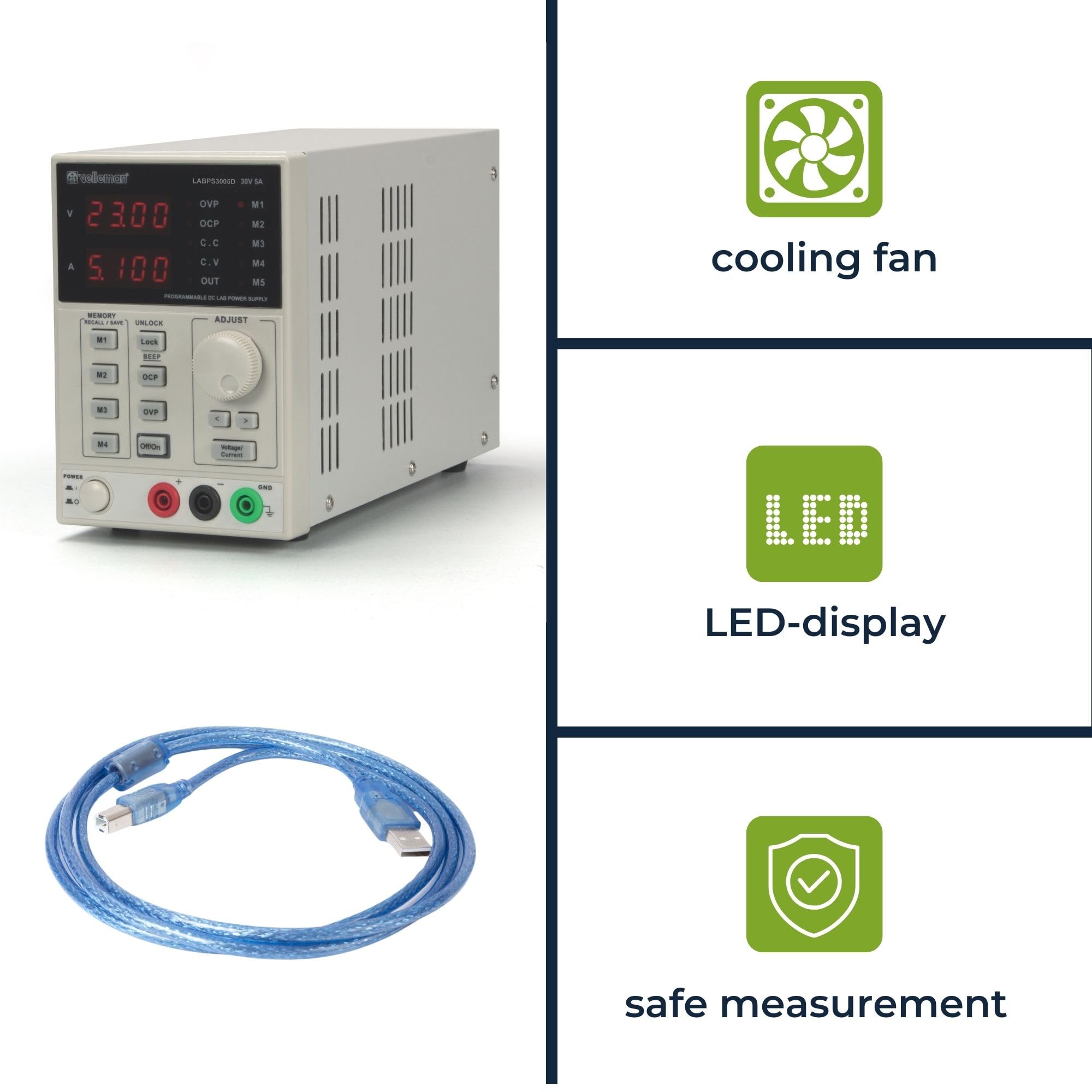 Velleman Alimentatore Lab, programmabile, regolabile, 0-30 VDC/0-5 A, limite di corrente, protezione da cortocircuito, display LCD, connessione USB, grigio