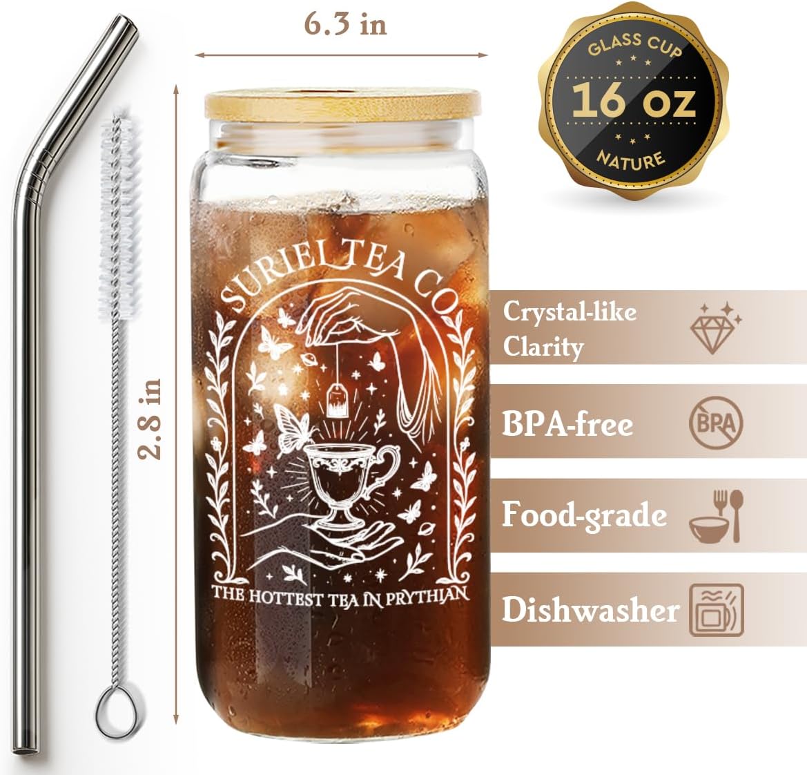 Suriel Tea Co Fantasy Romance Bookish Gifts for Book Lovers Acotar Merch City of Starlight Gifts Drinking Cup with Lids and Straws,Ice Coffee Glass Tumbler,A Court of Thorns and Roses Merch-28 - Image 2