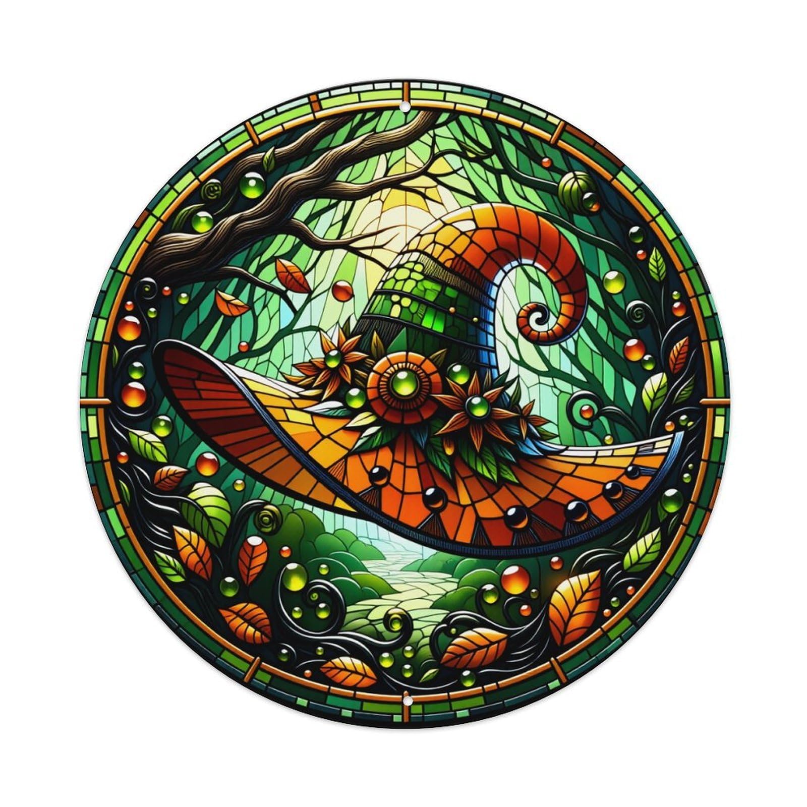 Stained Glass Forest Dragon Art Round Tin Sign Vintage Metal Poster Retro Bar, Home, Man Cave, Kitchen, Laundry Room Wall Art Decor Gift 8x8In