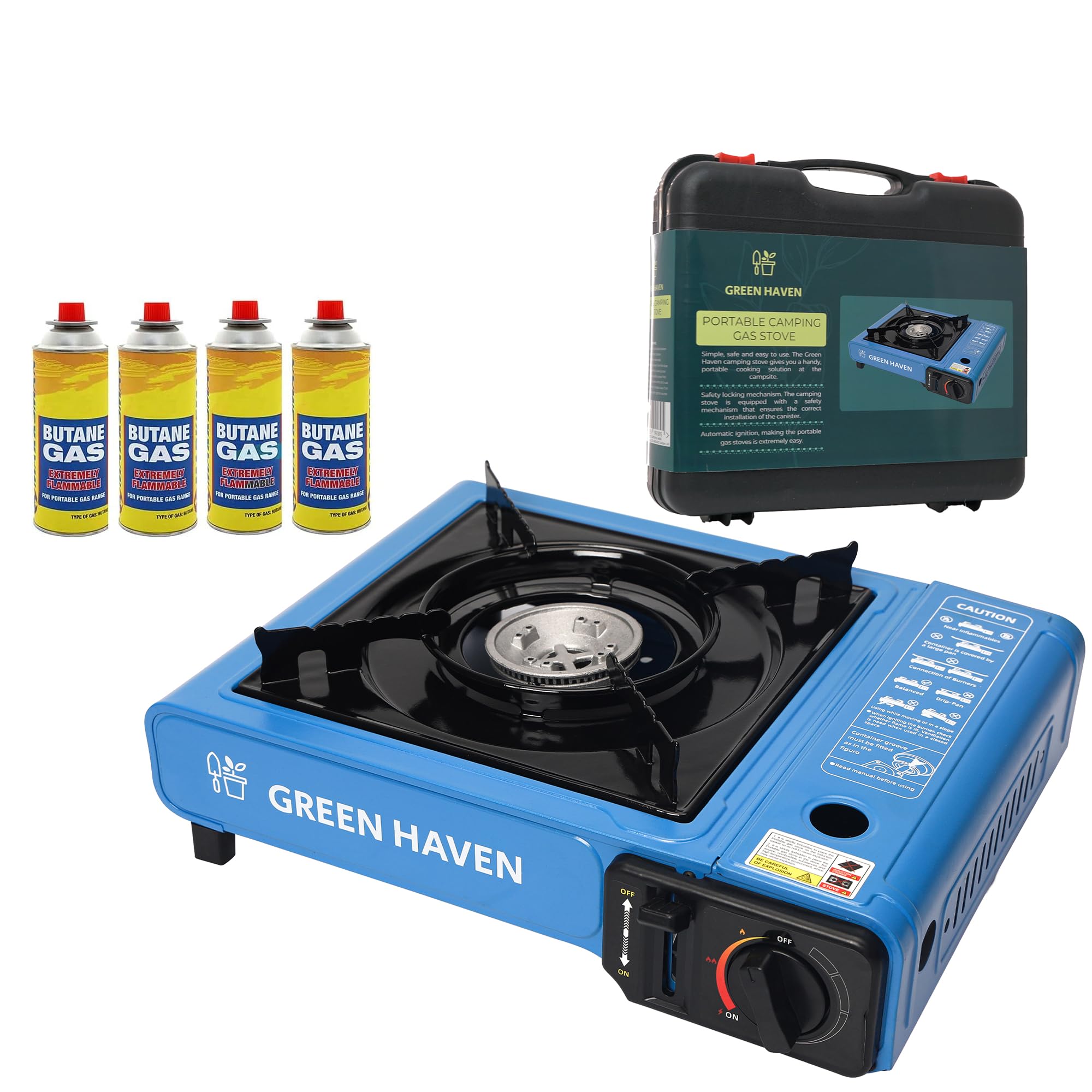 GREEN HAVEN Blue Portable Camping Stove with Cary Case u0026 4 Butane Gas |  Premium Camping