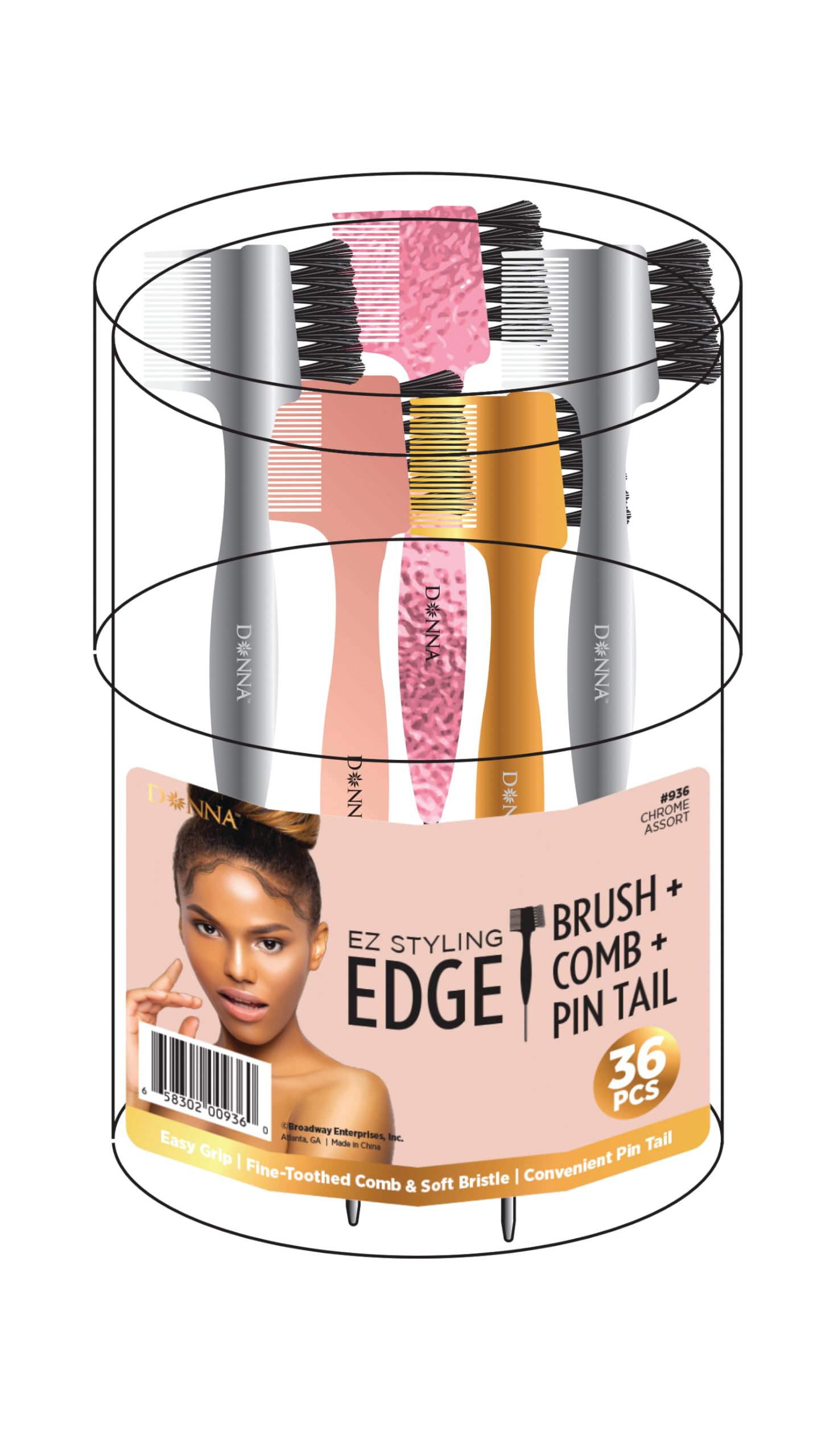 DONNA EZ Styling Edge Brosse et peigne 3 en 1 avec queue de pilet - Lot économique de 36 pièces - Outil de contrôle des bords avec poignée chromée pour cheveux de bébé, séparation et lissage (Chrome