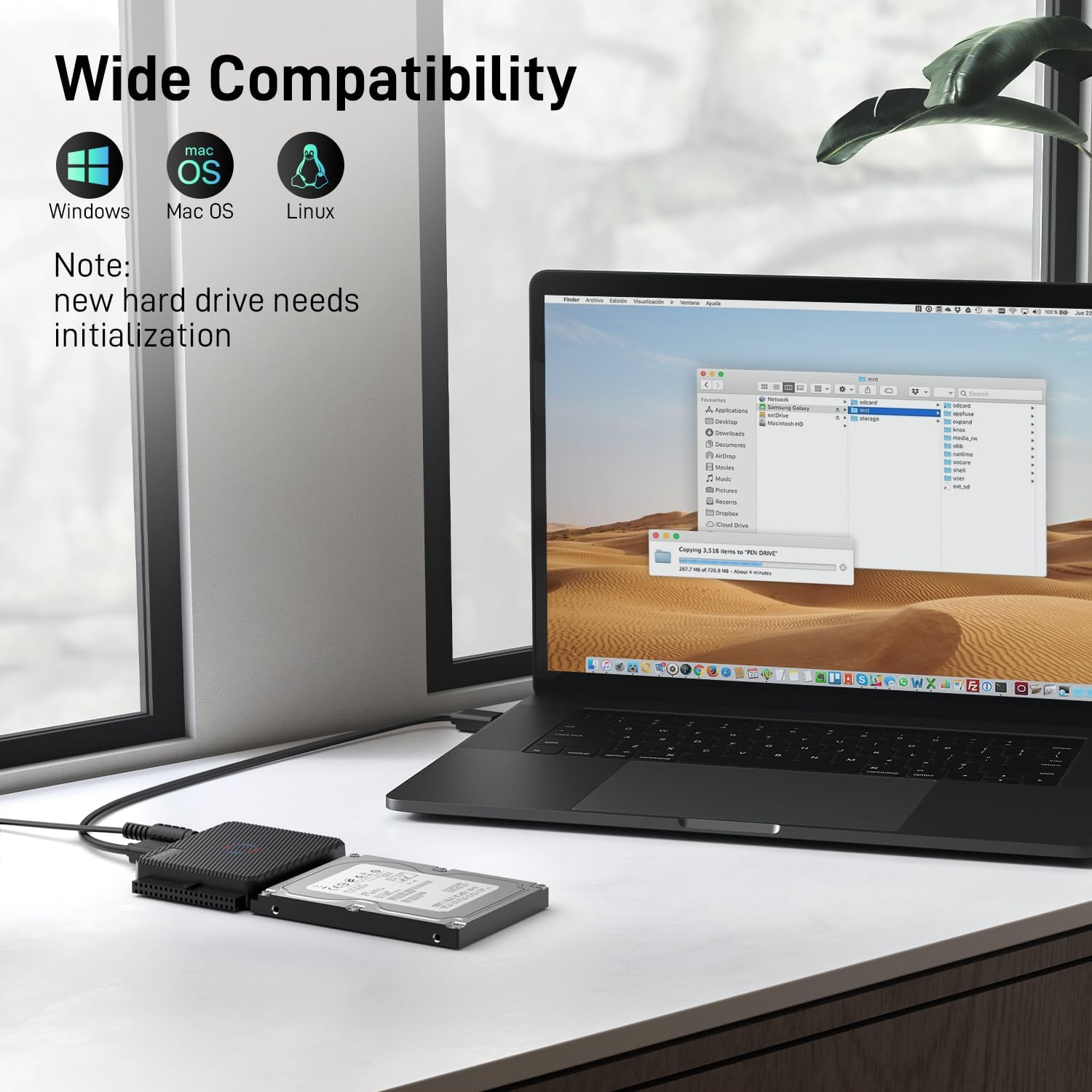 Laptop connected to FIDECO adapter with hard drive showing 5Gbps speed