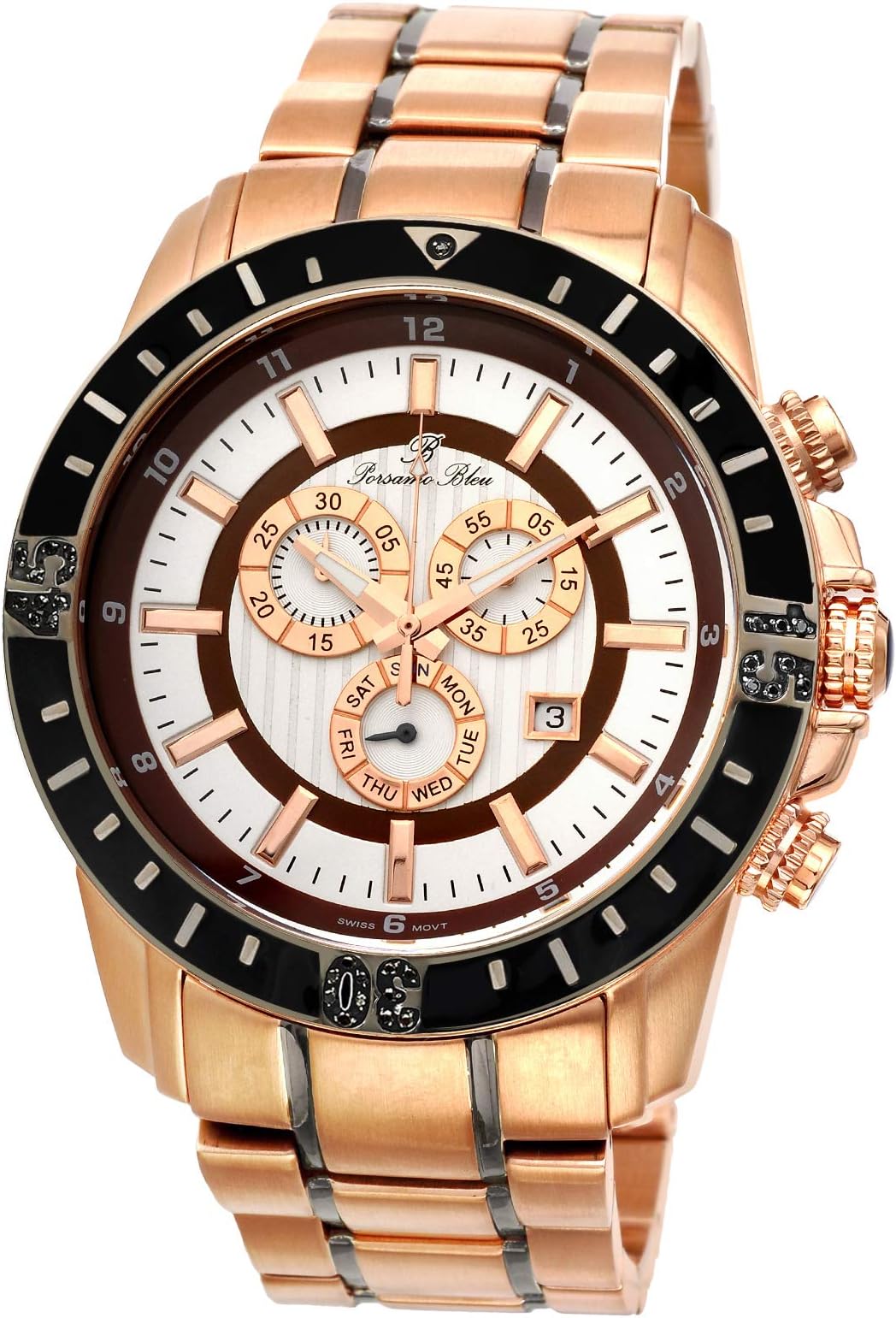 Porsamo Bleu Luxury Grand Prix Noir Stainless Steel Rose Tone, Gunmetal, Black & Brown Men's Diamond Watch 093CGPS