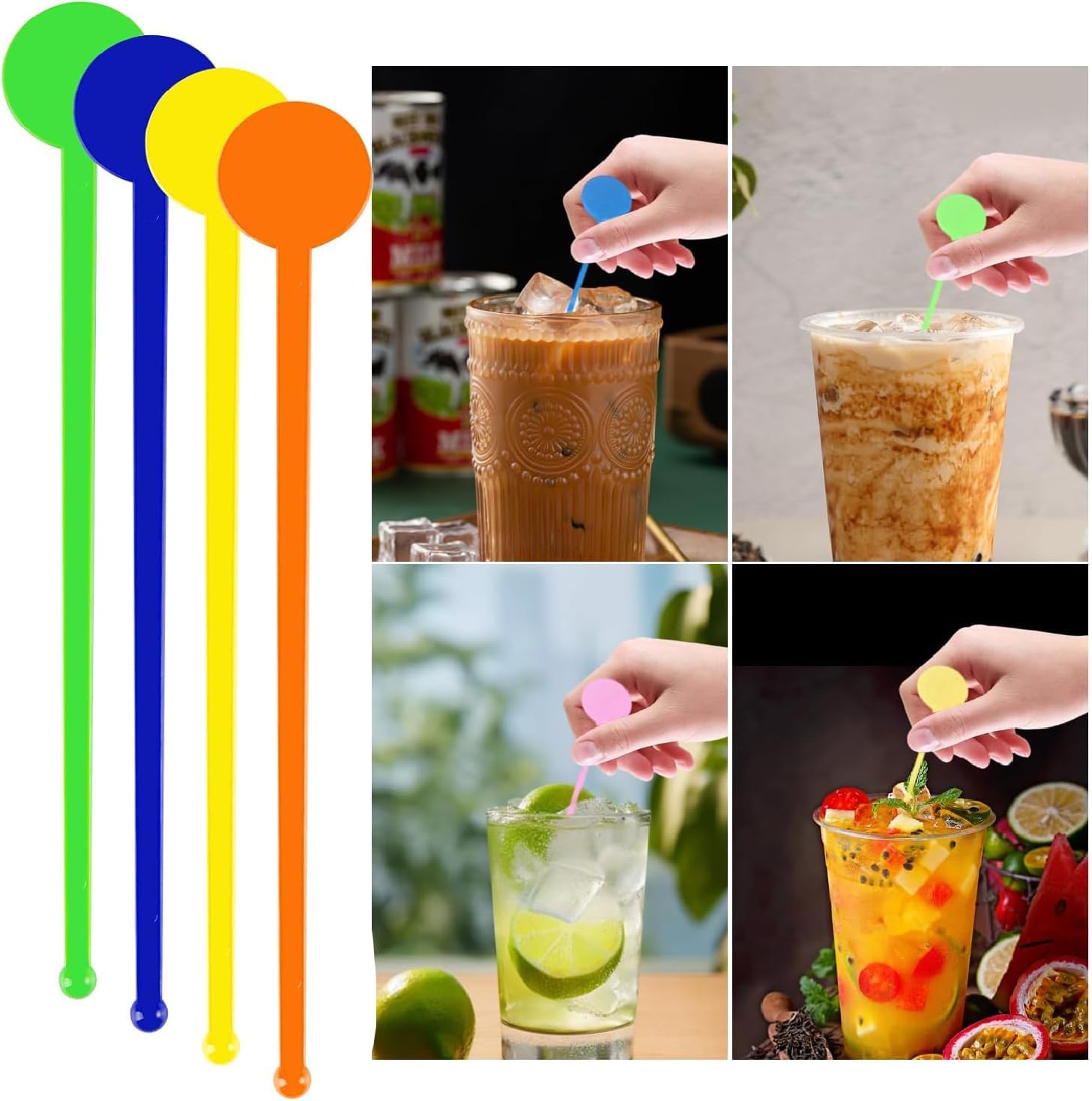 100Pcs Cocktail Swizzle Sticks, BetterJonny 7 Inches Plastic Disc Top Cocktail Stirring Sticks Multifunctional Stir Sticks for Bar Juice Cocktail Creative Mixing Bar (Mixed Color)