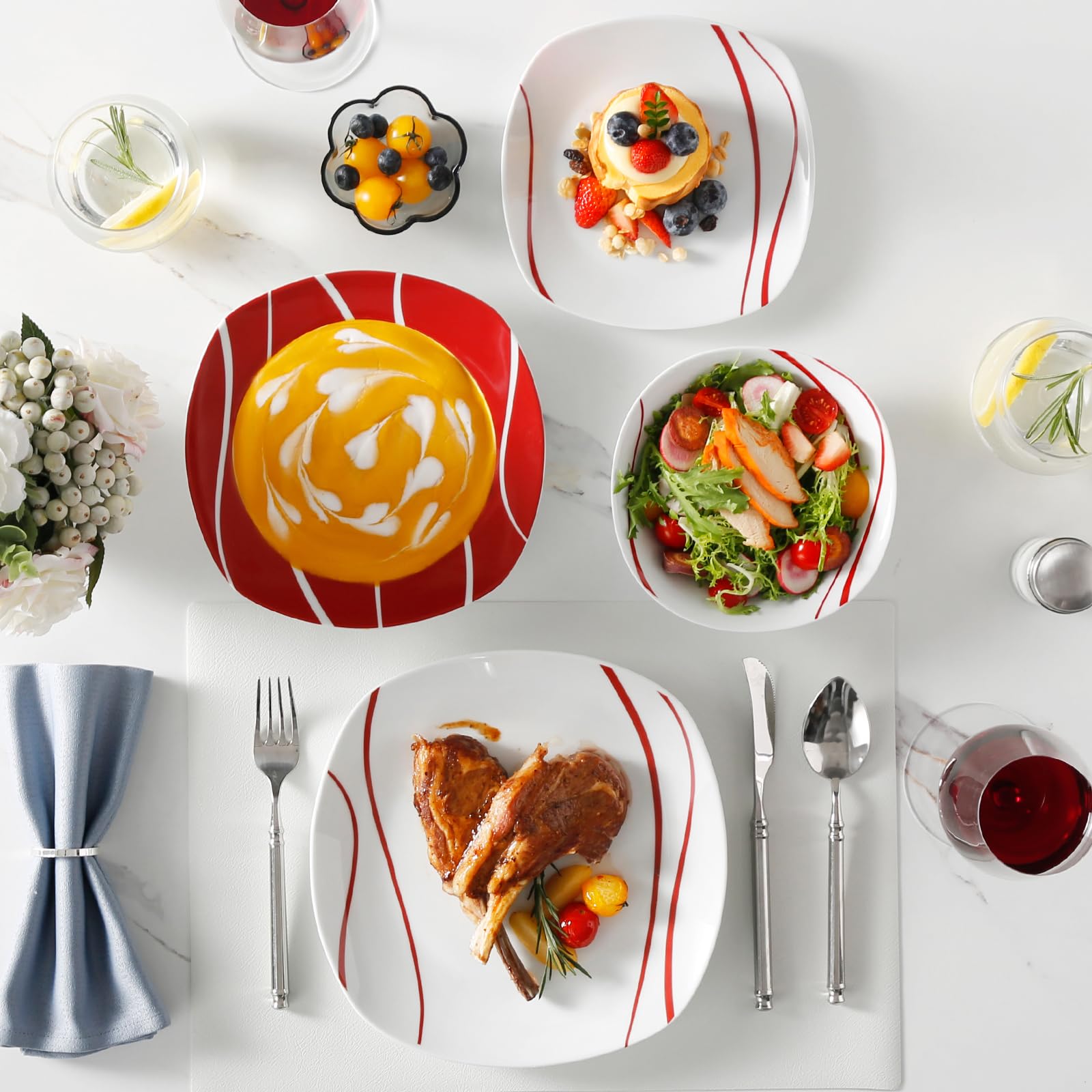 MALACASA Geschirrset 6 Personen, Felisa 24tlg Tafelservice aus Porzellan, Modernes Geschirr Set mit je 6 Speiseteller, Dessertteller, Suppenteller und Schüsseln, perfekt für Weihnachten und den Alltag