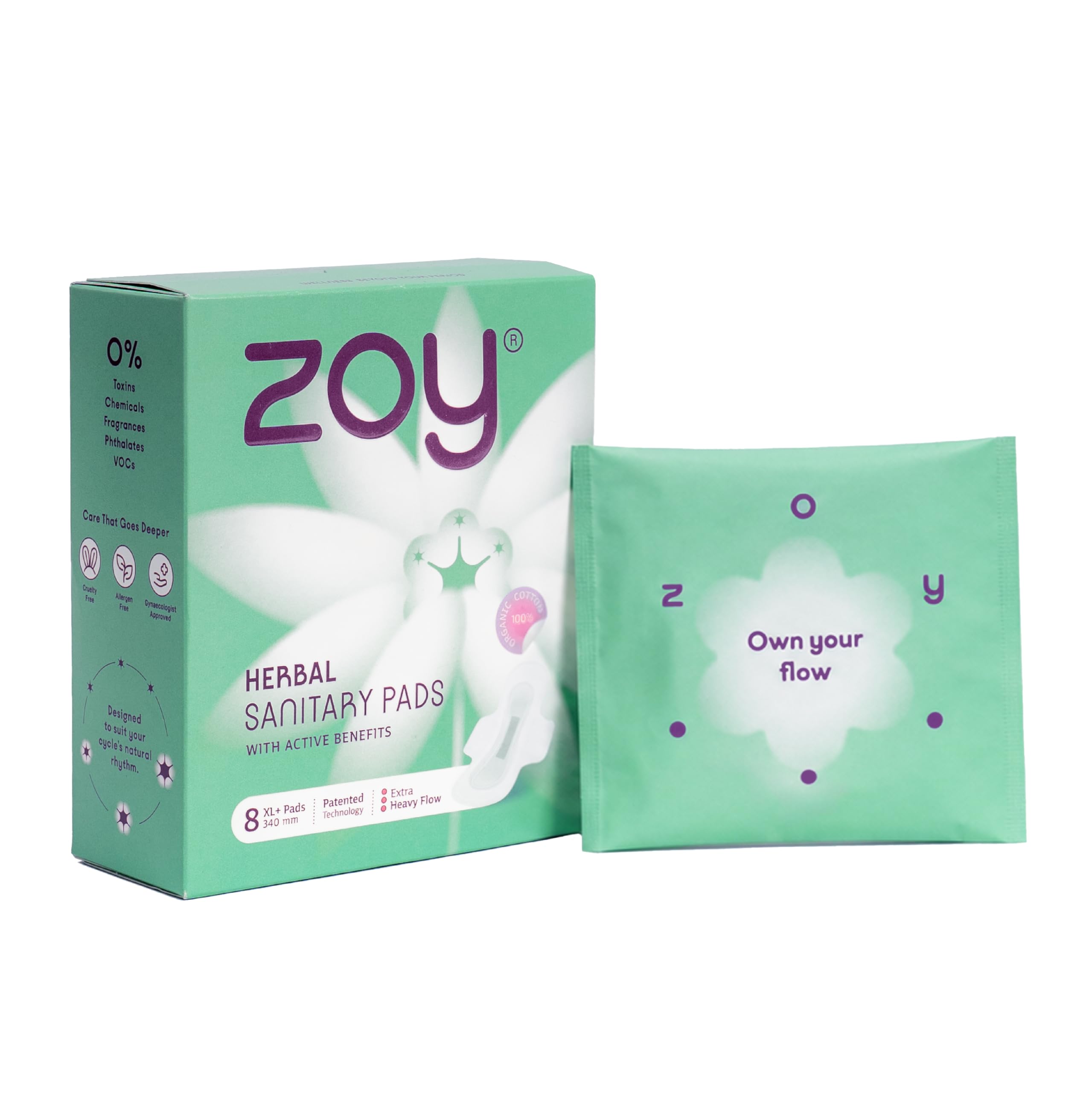 zoy herbal organic sanitary pads xl+ | 340mm, heavy flow, ultra thin, high absorption, rash-free, leak lock, breathable, made safe certified | pack of 8