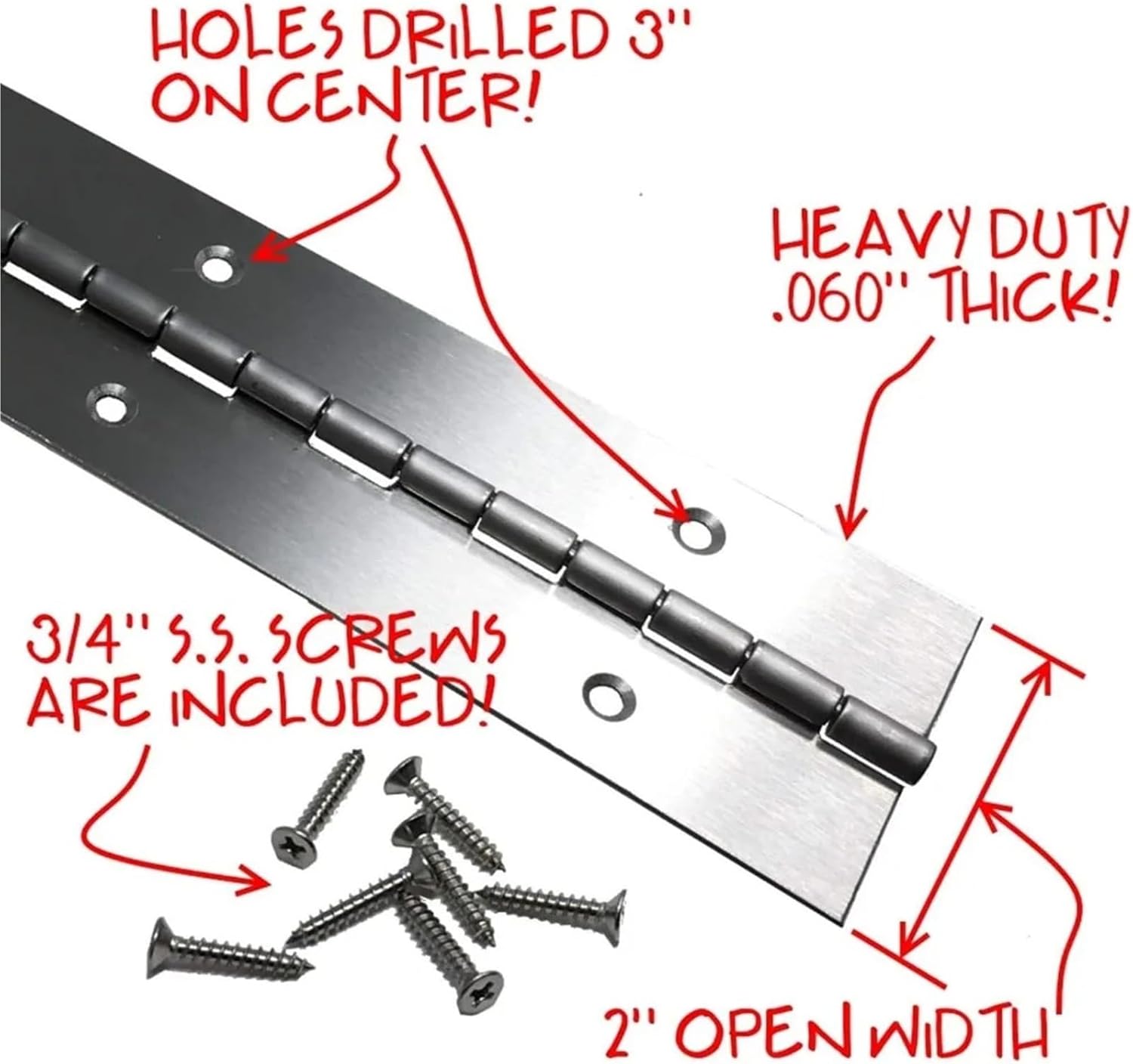 Compatible for 2Pcs 2×24 Inch Stainless Steel Piano Hinges 0.060" Thick with Matching Screws
