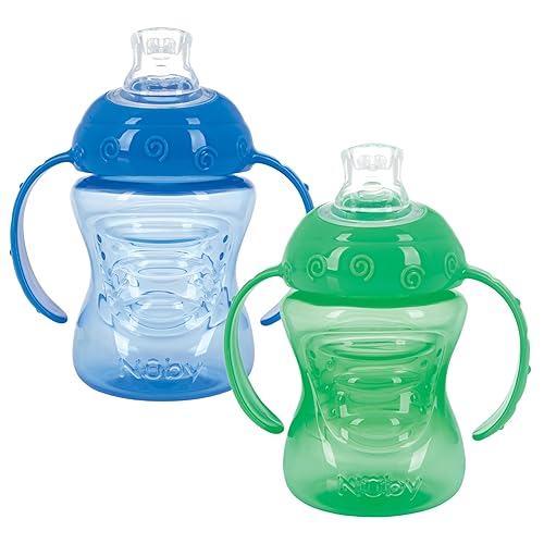 Nuby Paquete de 2 tazas antiderrames Super Spout Grip N' Sip, azul y verde (paquete de 24)