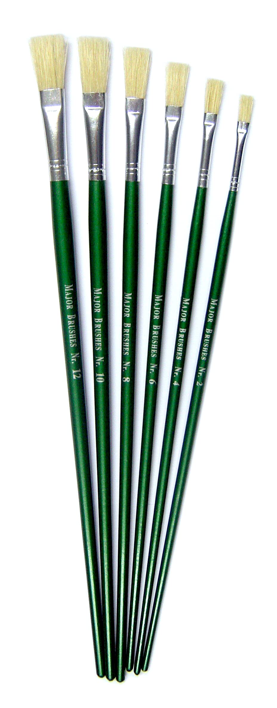 Hog Bristle Brush Artist Flat Tip Long Handle Set of 6 Sizes Gloss Green