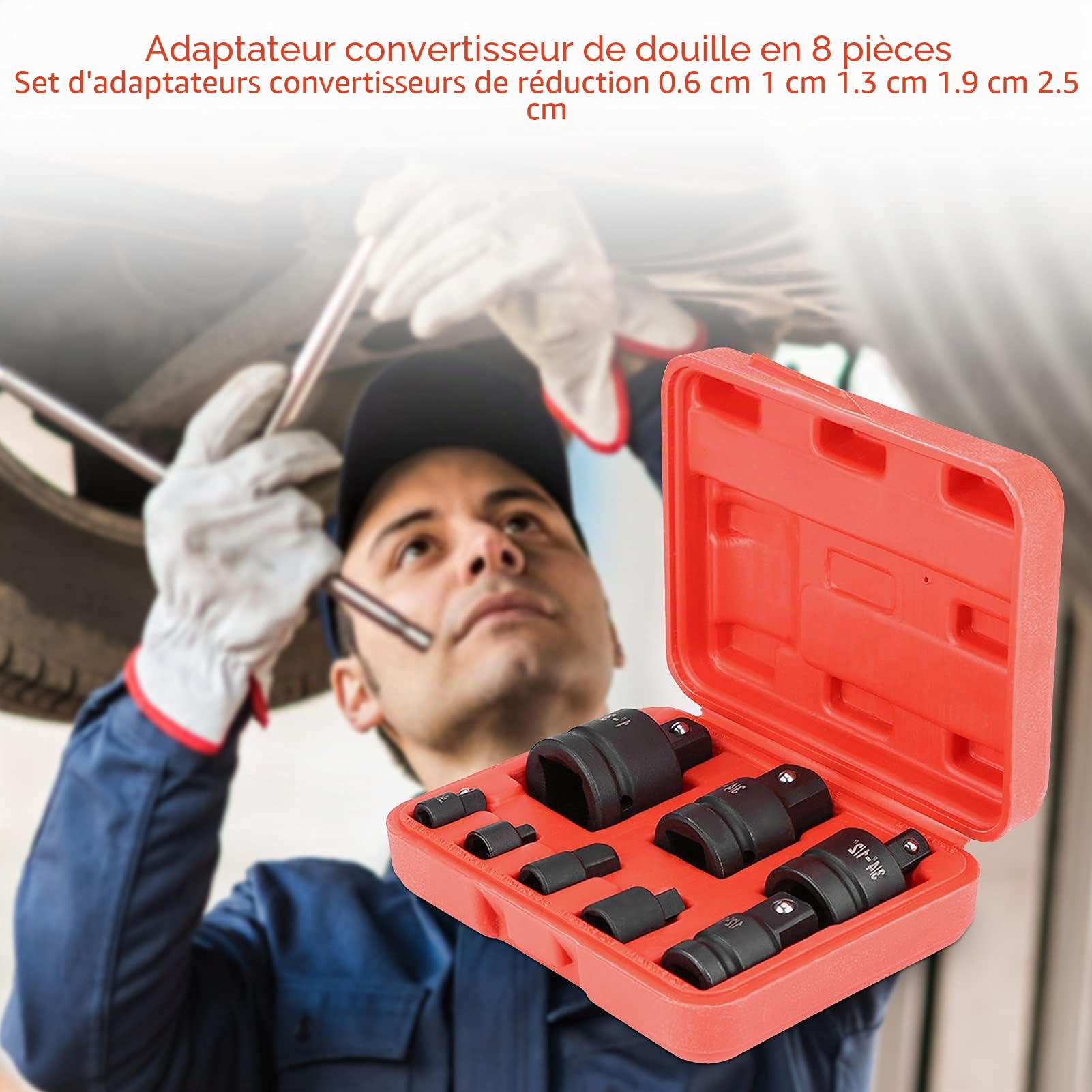 Lot de 8 adaptateurs de convertisseur de douilles à chocs 1/4" 3/8" 1/2" 3/4" 1" avec un boîtier en plastique rouge
