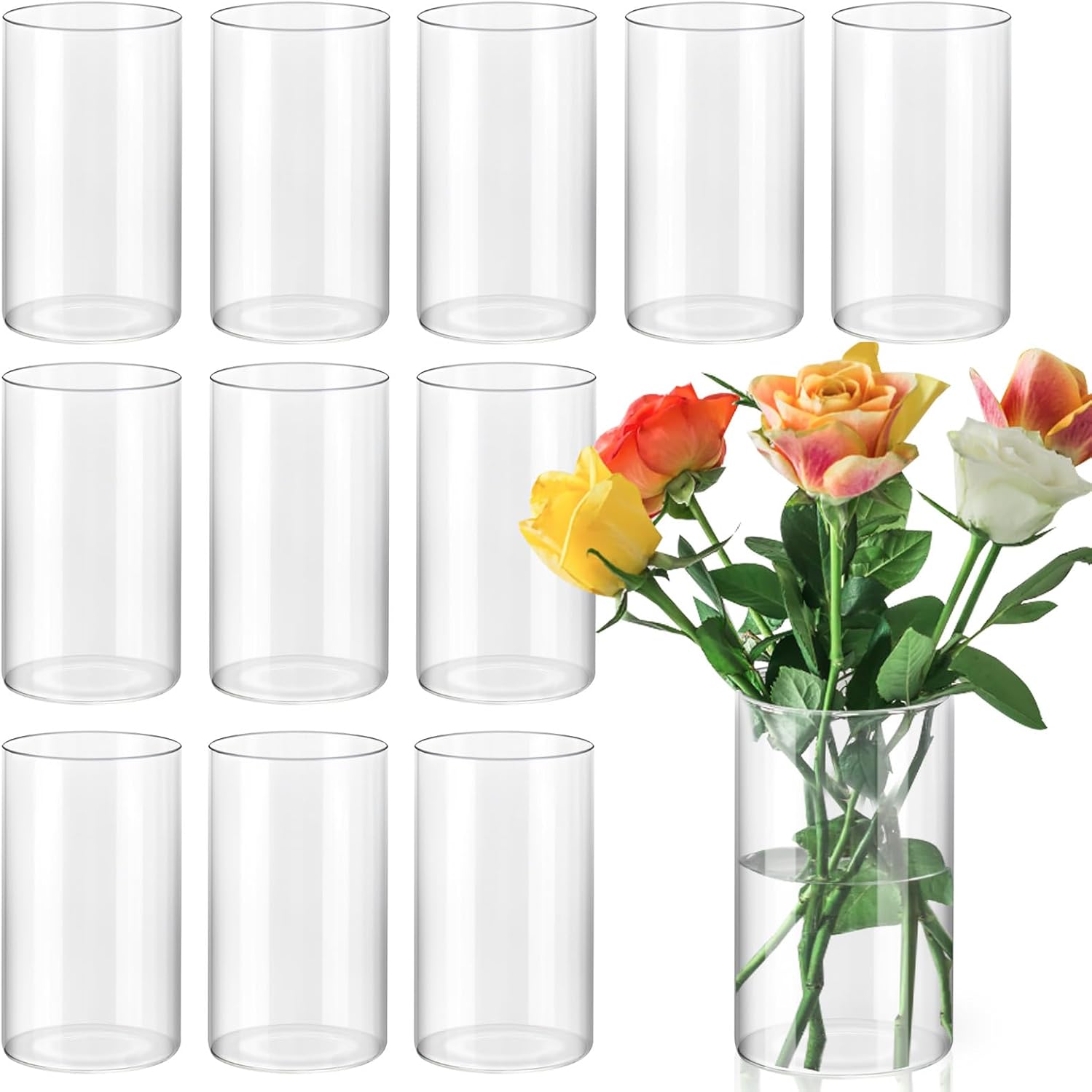 Glass Cylinder Vases for Centerpieces - 6 Inch Tall Clear Bulk Flower Vase Set of 12, Cylinders Candle Holder for Table, Home, Wedding Party Decor