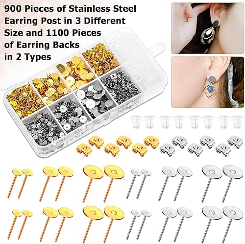 Miniatura 4 de Caffox - Juego de 2000 aretes hipoalergénicos con base de anillo y parte trasera para aretes de cuero, arcilla, perlas (oro y plata)