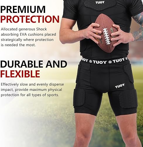 Miniatura 9 de Faja de fútbol acolchada para hombre, 5 almohadillas, almohadillas de fútbol integradas con protector de muslos para fútbol y béisbol