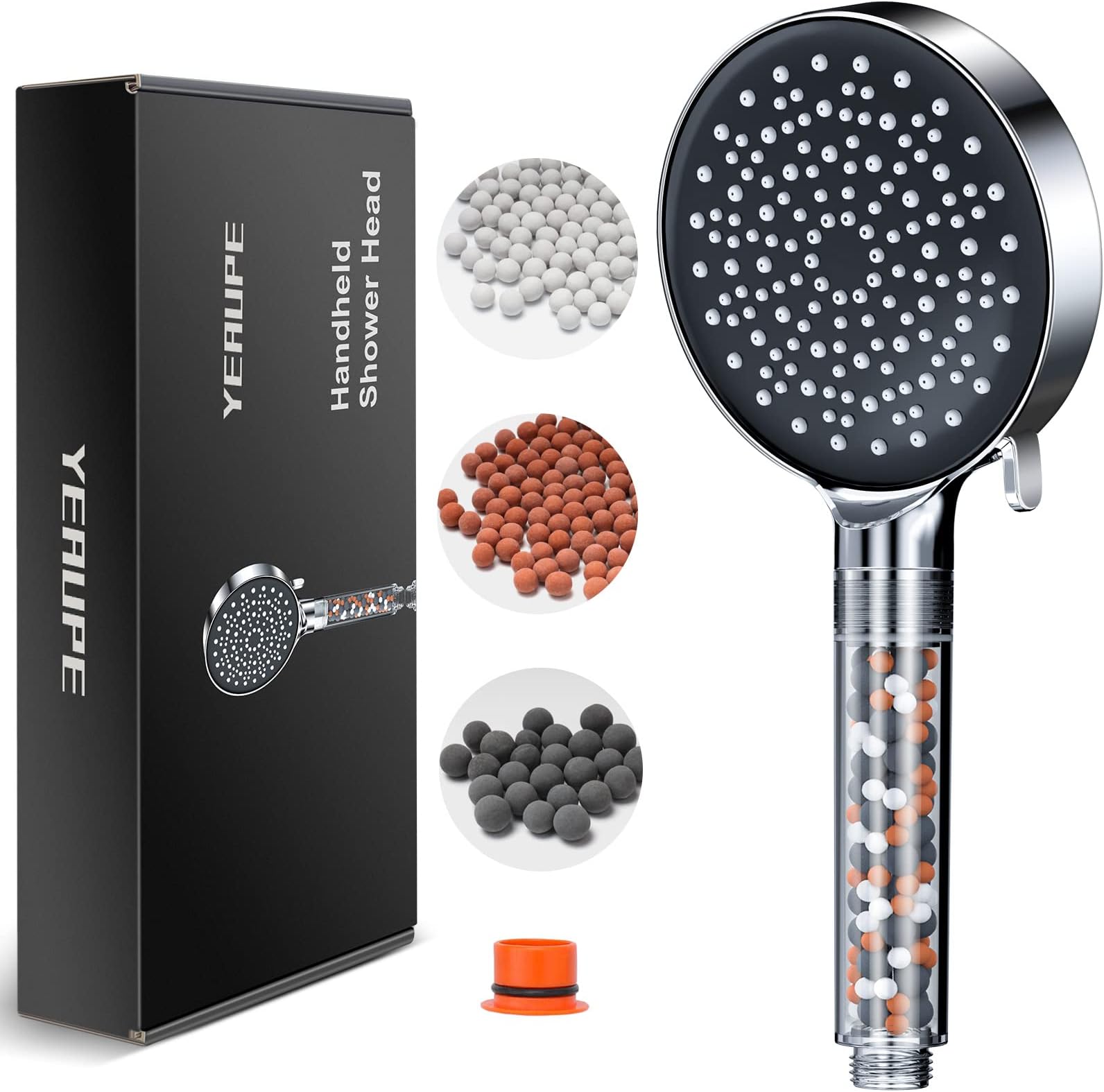 Filter Shower Head with Handheld - High Pressure 6 Modes Water Saving Rain Shower Head for Hard Water Low Water Pressure with Anti-limescale Silicone Nozzles (Shower Head without Hose), Chrome