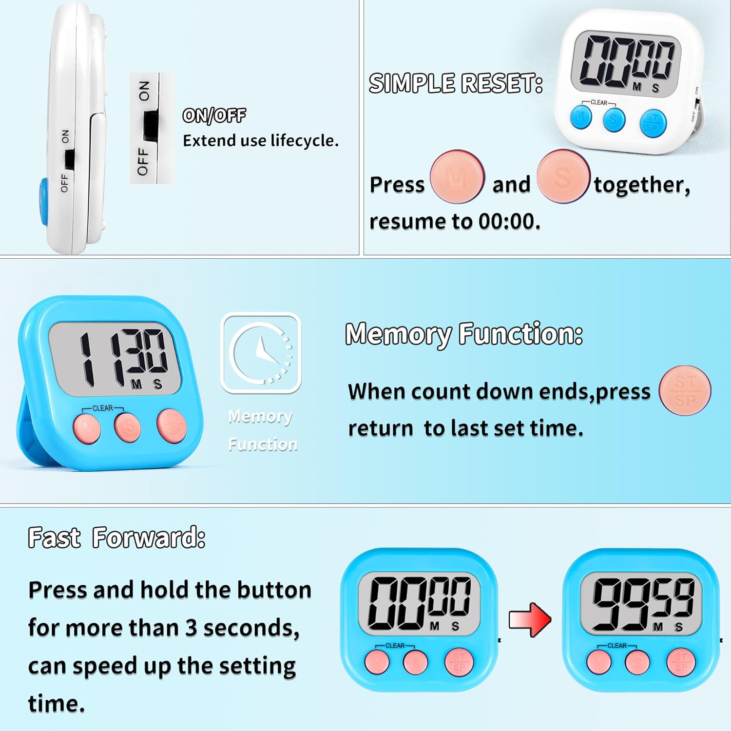 Timer for Kids Teachers Digital Kitchen Timers for Cooking Large Magnetic Classroom Timer 24Pack-Blue White