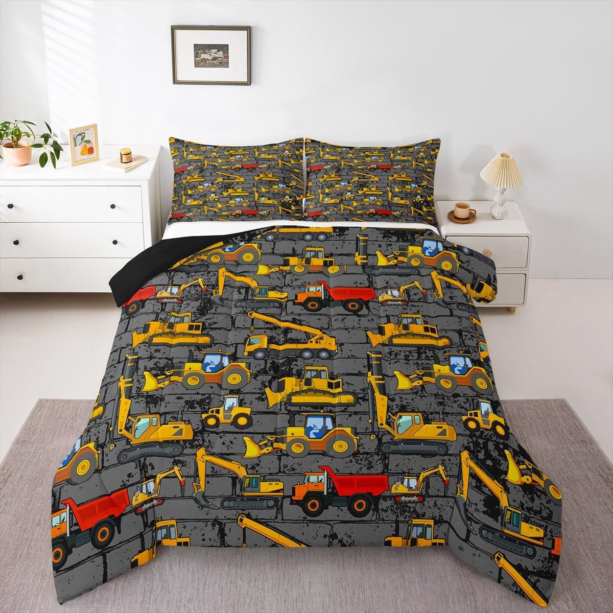 Kids Tractor Bedding Sets For Boys Toddler Twin,Under Construction Trucks Bedding Comforter Set,Equipment Excavator Bedding Cartoon Vehicle Cars Bed Set For Child Room Decor Yellow Dark Grey 2 Pcs
