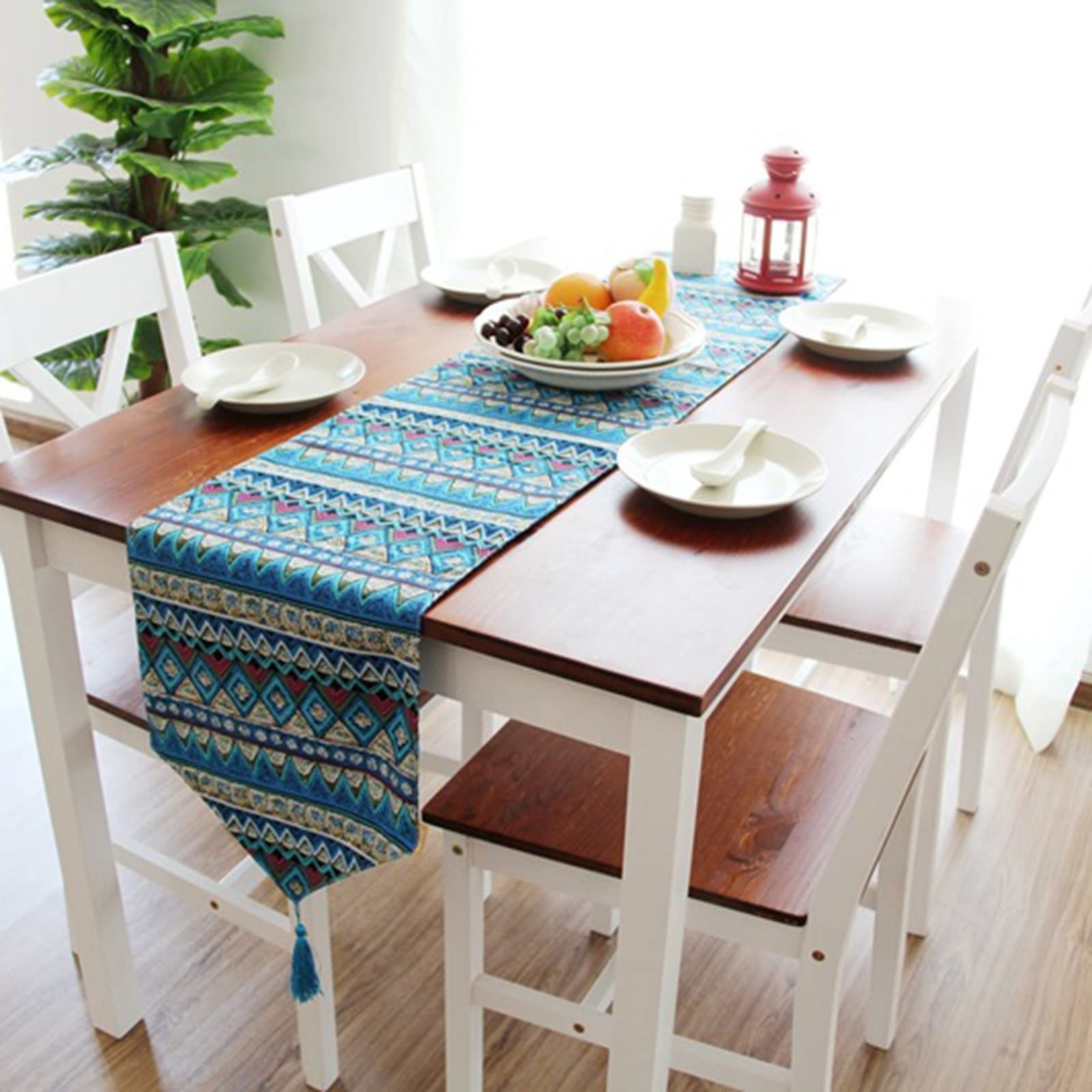 Chemin de table bleu coton lin pour protéger et embellir votre table de ferme - 8