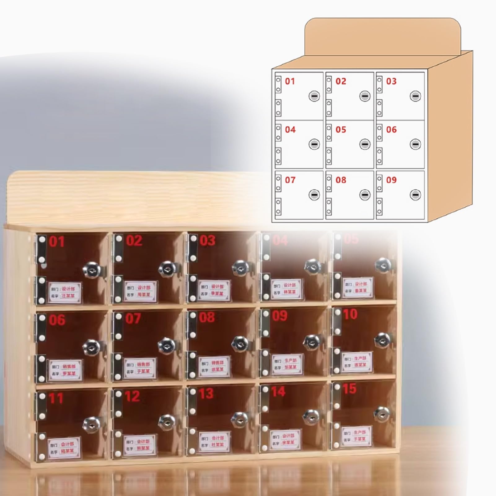 Armadietto per cellulare a più porte in legno con ante trasparenti, soluzione di archiviazione per telefono cellulare a 9 slot per scuole e aziende, cassetta di sicurezza per telefono