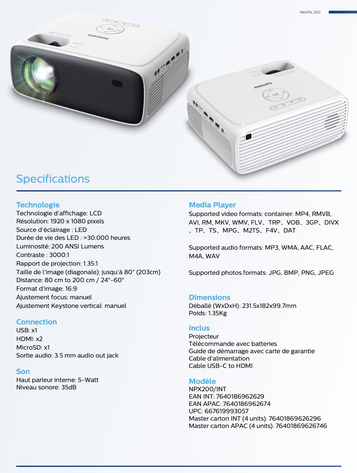 Philips, Neopix 200, Vidéoprojecteur Home cinéma, Full HD 1920 x 1080p, Source Lumineuse LED, Son Stéréo 2x3 Watts, Gris