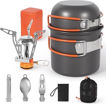 6Pcs Camping Cookware Mess Kit, Backpacking Cooking Gear, Lightweight Camping Pots and Mini Backpacking StoveMini Backpacking Stove, Outdoor Cooking Gear for Hiking, Picnic, Campfire