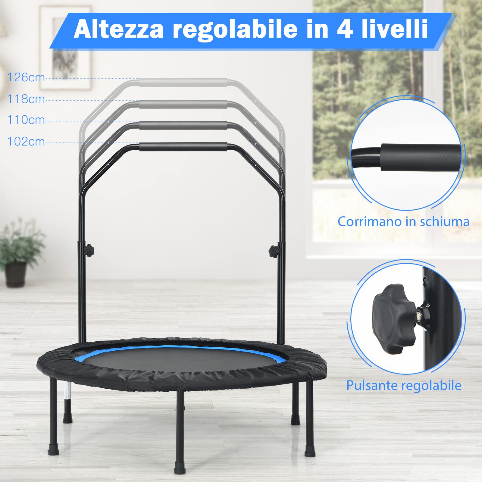 COSTWAY Mini Trampolino Pieghevole 101cm, Trampolino Fitness per Adulti e Bambini,con Maniglia Altezza Regolabile, Capacità di Carico 150 kg