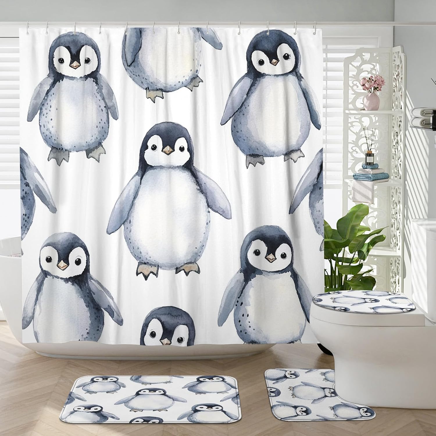 4PCS Kid Fun Penguin Bathroom Sets, Bath Accessory with Non-Slip Rug, U Shape and Toilet Lid Cover Mat, Cartoon Child Animal Bathroom Decor-72''x72''