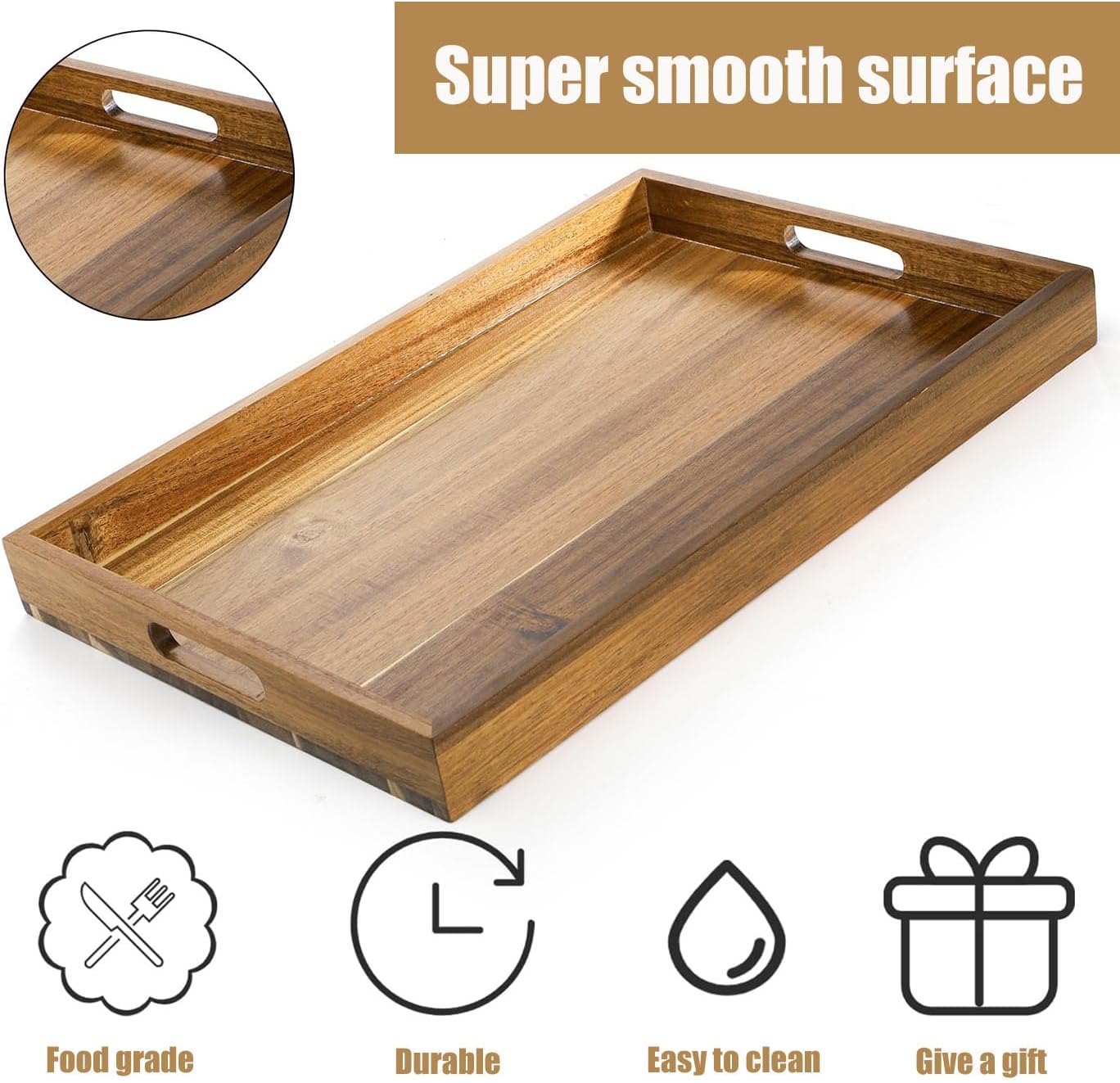 Acacia Wood Serving Tray with Handles - 17-Inch Large Wooden Tray for Ottoman - Perfect for Breakfast, Lunch, Dinner, Appetizers, Patio, Ottoman, Coffee Table,BBQ, Party – Great for Lap &Couch