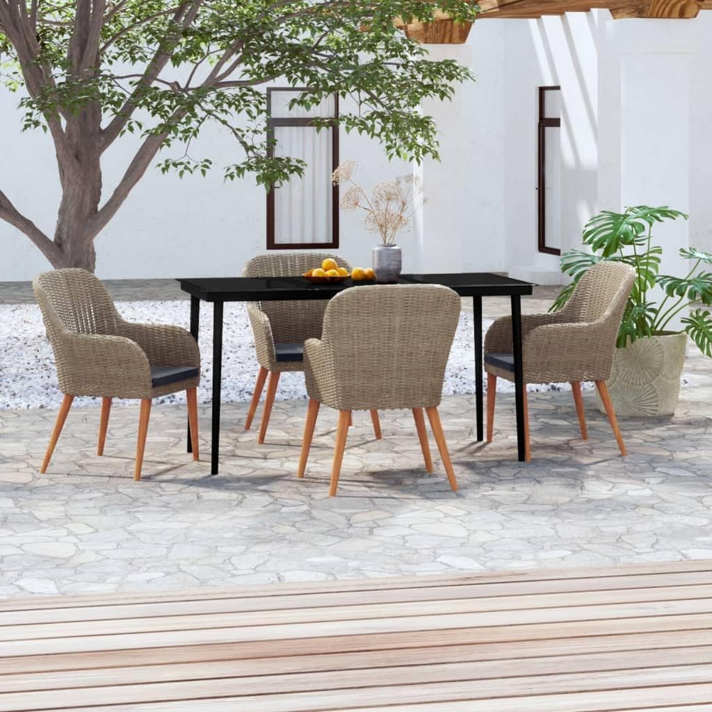 vidaXL Patio Dining Set 5 Piece with Cushions - Brown/Black Outdoor Furniture - Poly Rattan/Steel/Acacia Wood - Garden/Patio/Deck Use - 55.1"x27.6"x29.1" Table + 4 Chairs