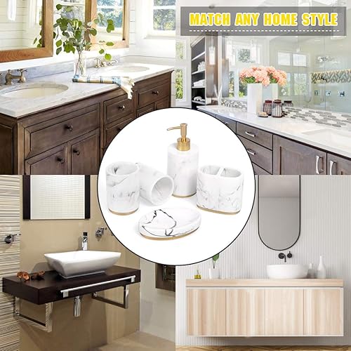 Miniatura 7 de Juego de accesorios para baño, 5 piezas de resina para lavabo, soporte para cepillos de dientes, dosificador de jabón líquido, jabonera, 2 vasos.