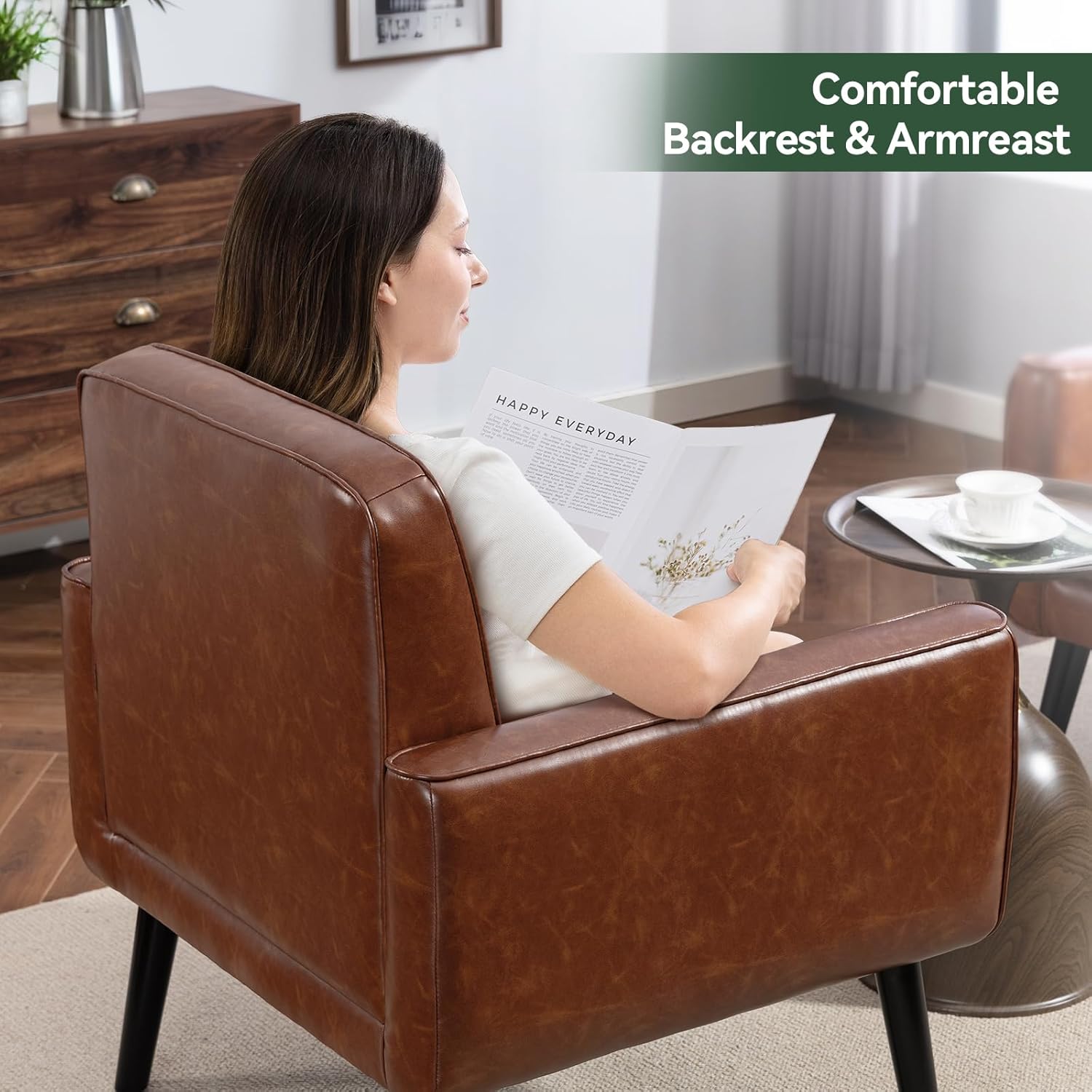 Mid Century Accent Chair, PU Leather Modern Chair with Wooden Frame, Cozy Armchair Reading Chair with Comfy Back for Apartment, Living Room, Bedroom, Waiting Room, Small Space, Corner, Brown