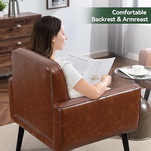 Miniatura 7 de Silla decorativa de mediados de siglo, silla moderna de piel sintética con marco de madera, acogedora silla de lectura con respaldo cómodo para