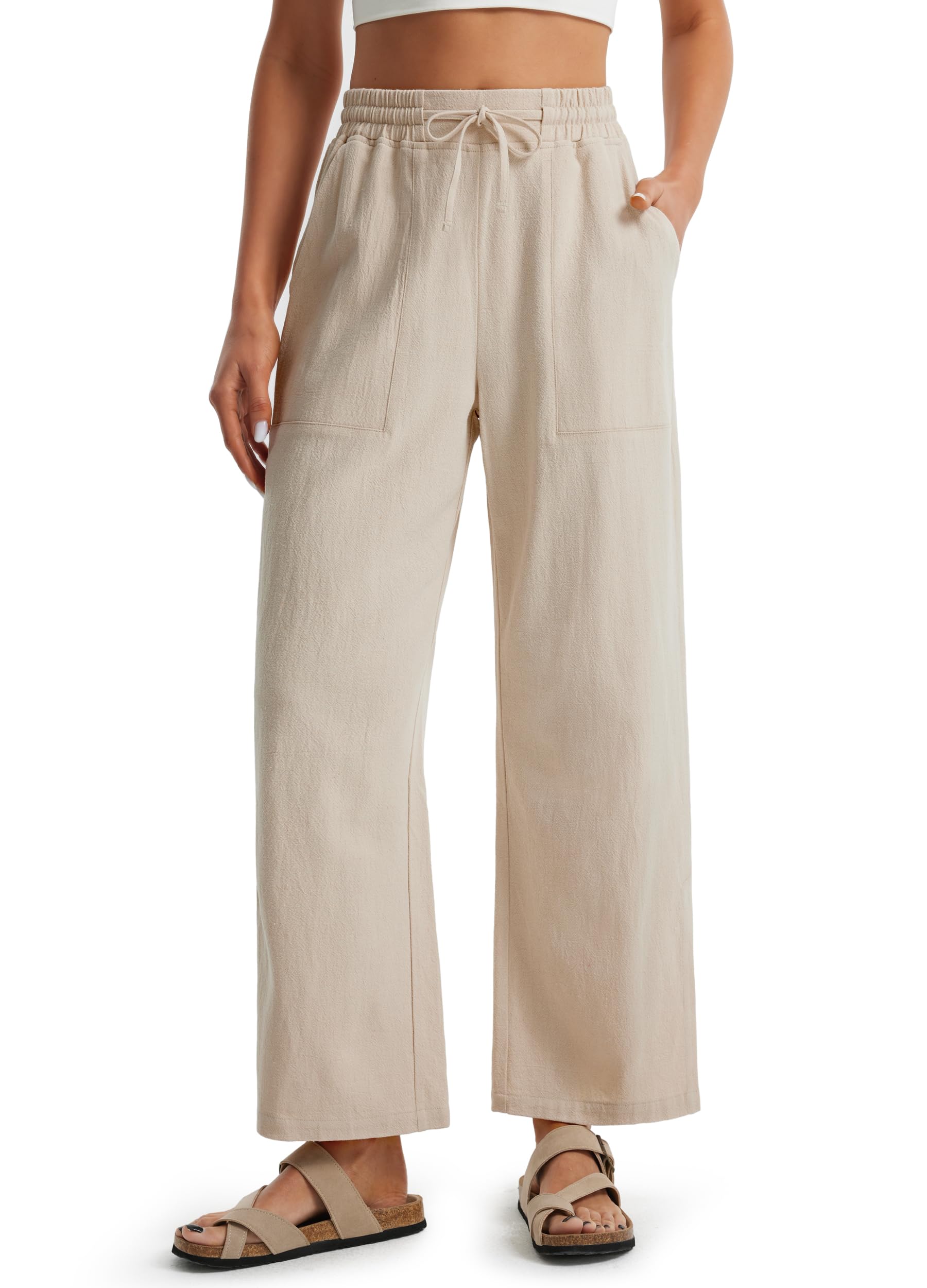 Libin Women Linen Pants Wide Leg Side Slit Ankle Pants High Waist Drawstring Casual Palazzo Loose Beach Pant