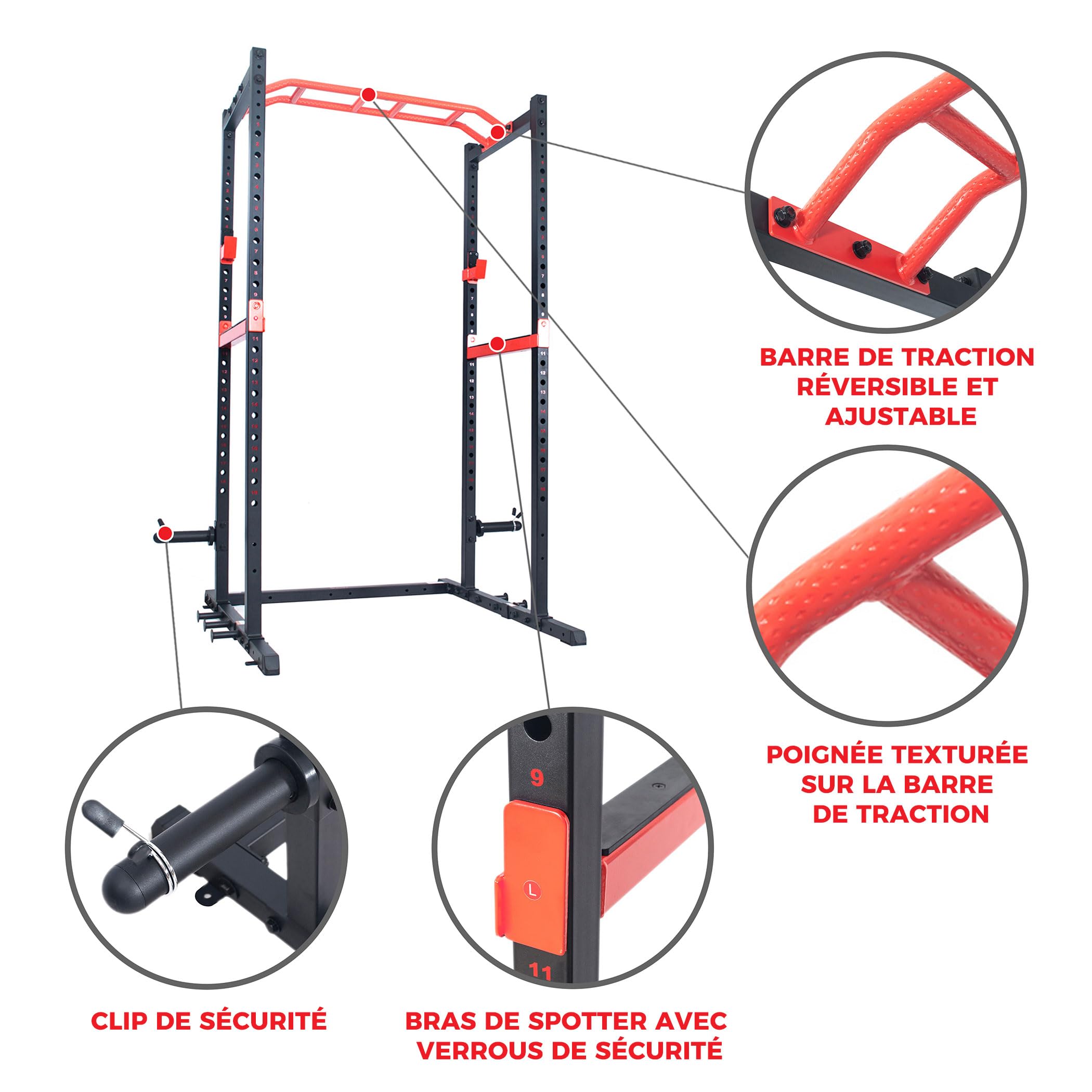 Sunny Health & Fitness Power Zone – Cage de Musculation Power Rack, Capacité de Charge 455 kg, Barres de Sécurité, Barre de Traction Inclinée, Crochets en J, Goupilles pour Bandes de Résistance