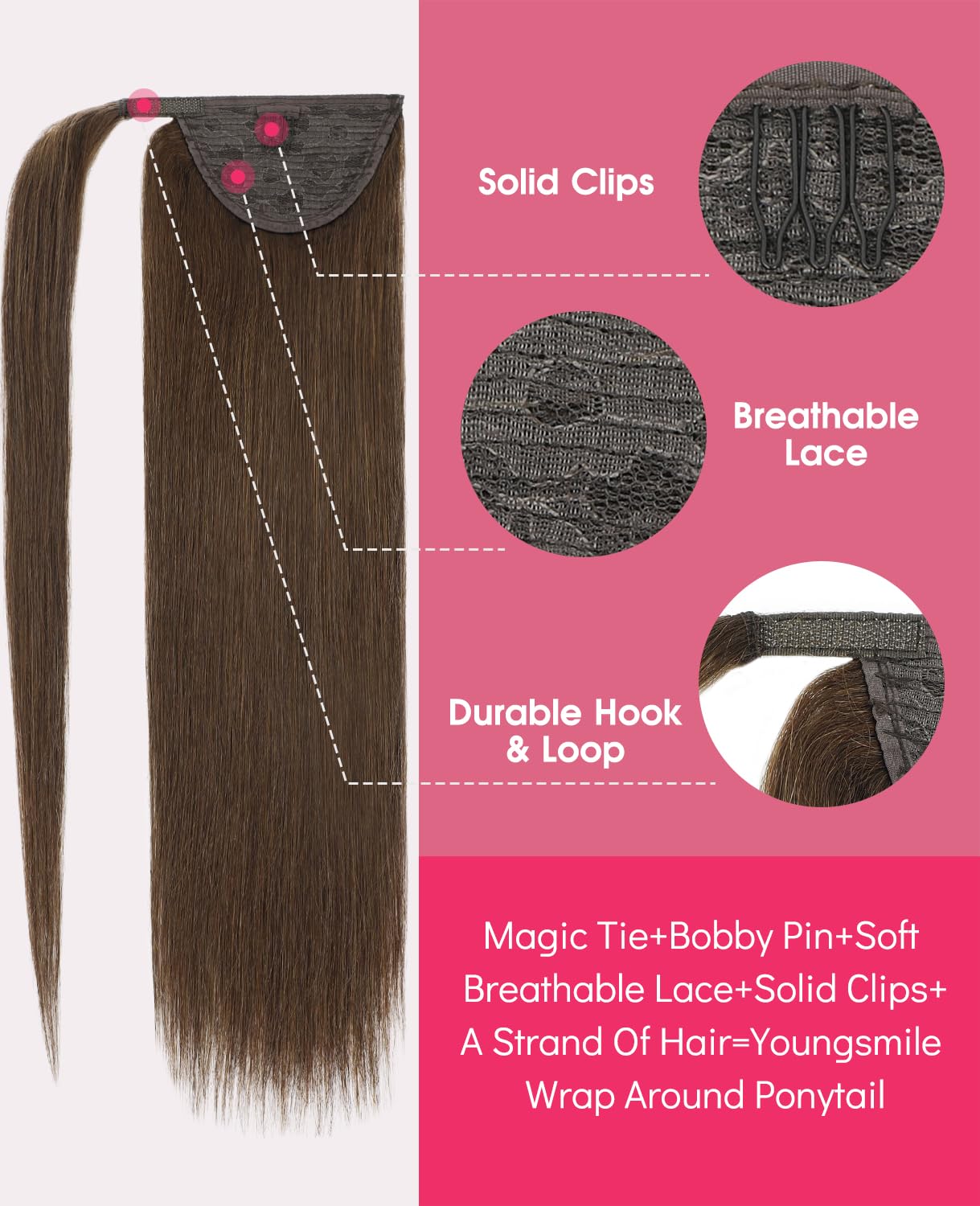 Youngsmile Ponytail Extension, Long Straight Wrap Around Clip in Handmade Real Human Hair,Hair Piece Pony Tail Hair Extensions Hairpieces,#4 Chocolate Brown 65g 14inch (PT#4-14Inch)