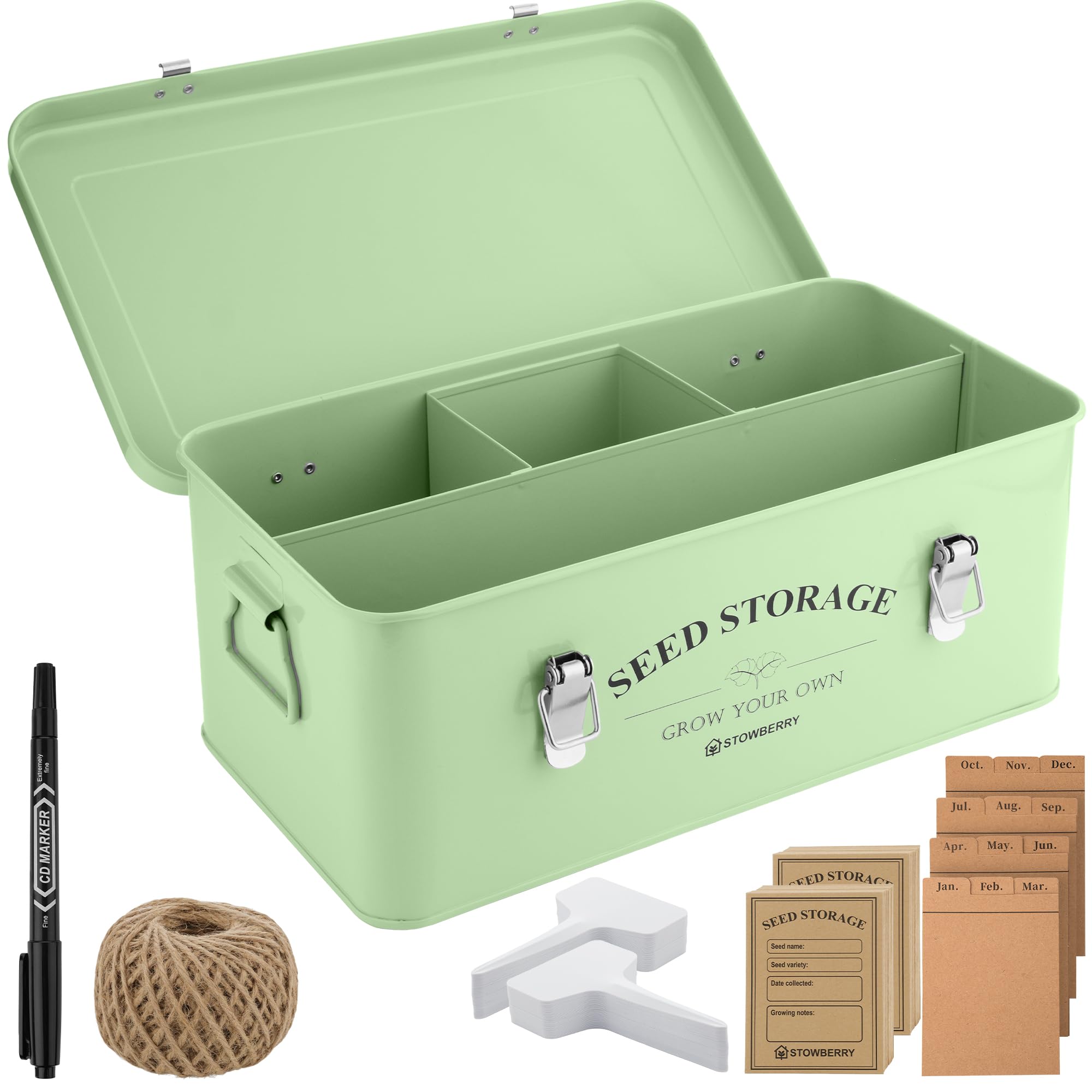 Caja organizadora para almacenar semillas: lata con tapa, asas y 4 compartimentos – Ideal para guardar paquetes de semillas. Regalo de jardinería con más de 200 accesorios.