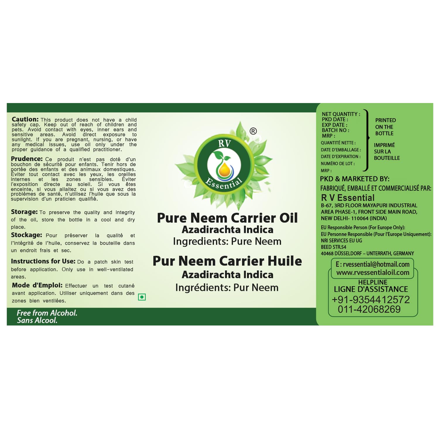 R V Essential Huile de transporteur pur de Neem 1250ml (42oz) - Azadirachta Indica (100% Pur et naturelle pressée à froid) Pure Neem Carrier Oil