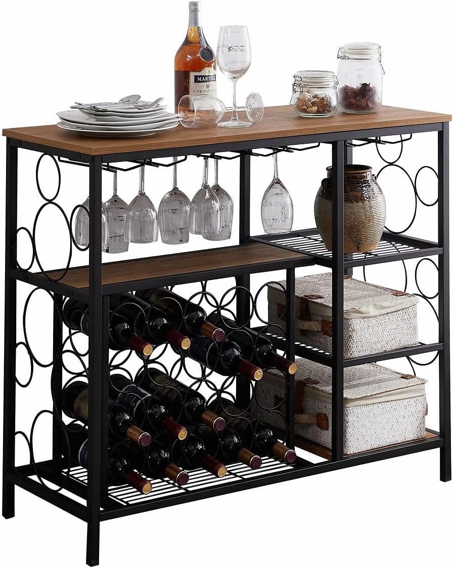 Hombazaar Industrial Wine Rack Table with Glass Holder and Wine Storage, Console Table with Wine Rack, Wine Bar Cabinet for Home Kitchen Dining Room, Brown : Home & Kitchen
