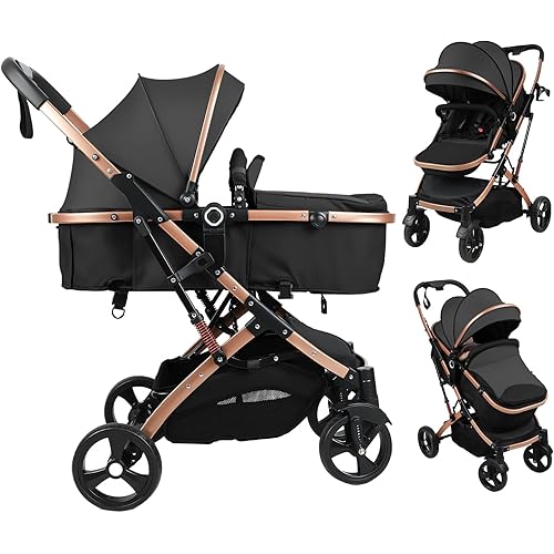 Baby Stroller, 2 in 1 Convertible Bassinet Mode Newborn to Toddler | Reversible Seat UPF Canopy, Shock Absorption Infant Stroller with Five-Point Harness, for Daily Strolls Travel Shopping (Khaki)