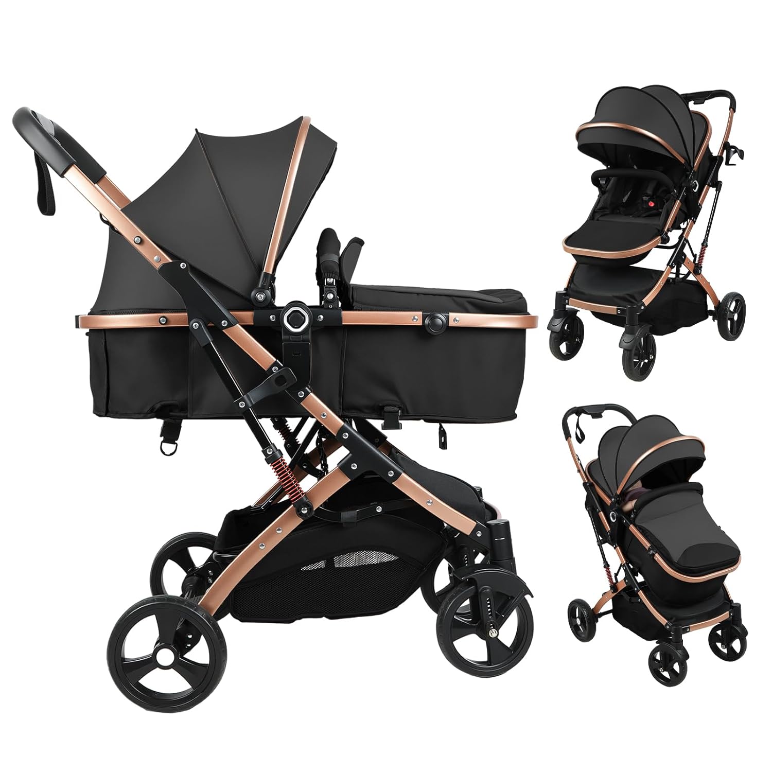 Baby Stroller, 2 in 1 Convertible Bassinet Mode Newborn to Toddler | Reversible Seat UPF Canopy, Shock Absorption Infant Stroller with Five-Point Harness, for Daily Strolls Travel Shopping (Khaki)