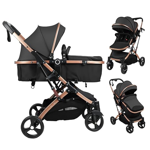 Baby Stroller, 2 in 1 Convertible Bassinet Mode Newborn to Toddler | Reversible Seat UPF Canopy, Shock Absorption Infant Stroller with Five-Point Harness, for Daily Strolls Travel Shopping (Black)