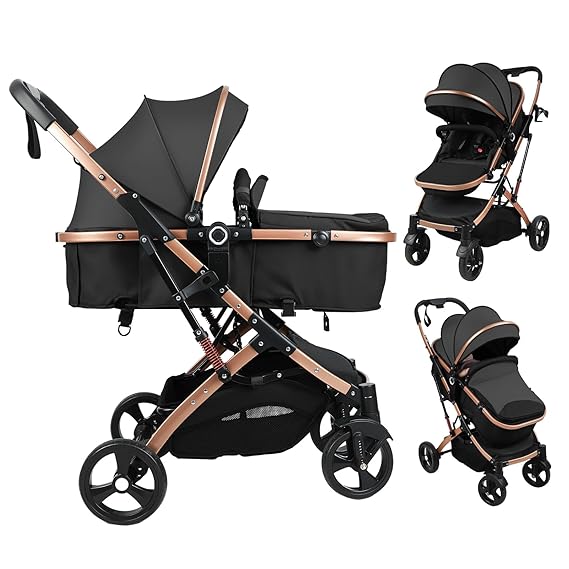 Baby Stroller, 2 in 1 Convertible Bassinet Mode Newborn to Toddler | Reversible Seat UPF Canopy, Shock Absorption Infant Stroller with Five-Point Harness, for Daily Strolls Travel Shopping (Black)