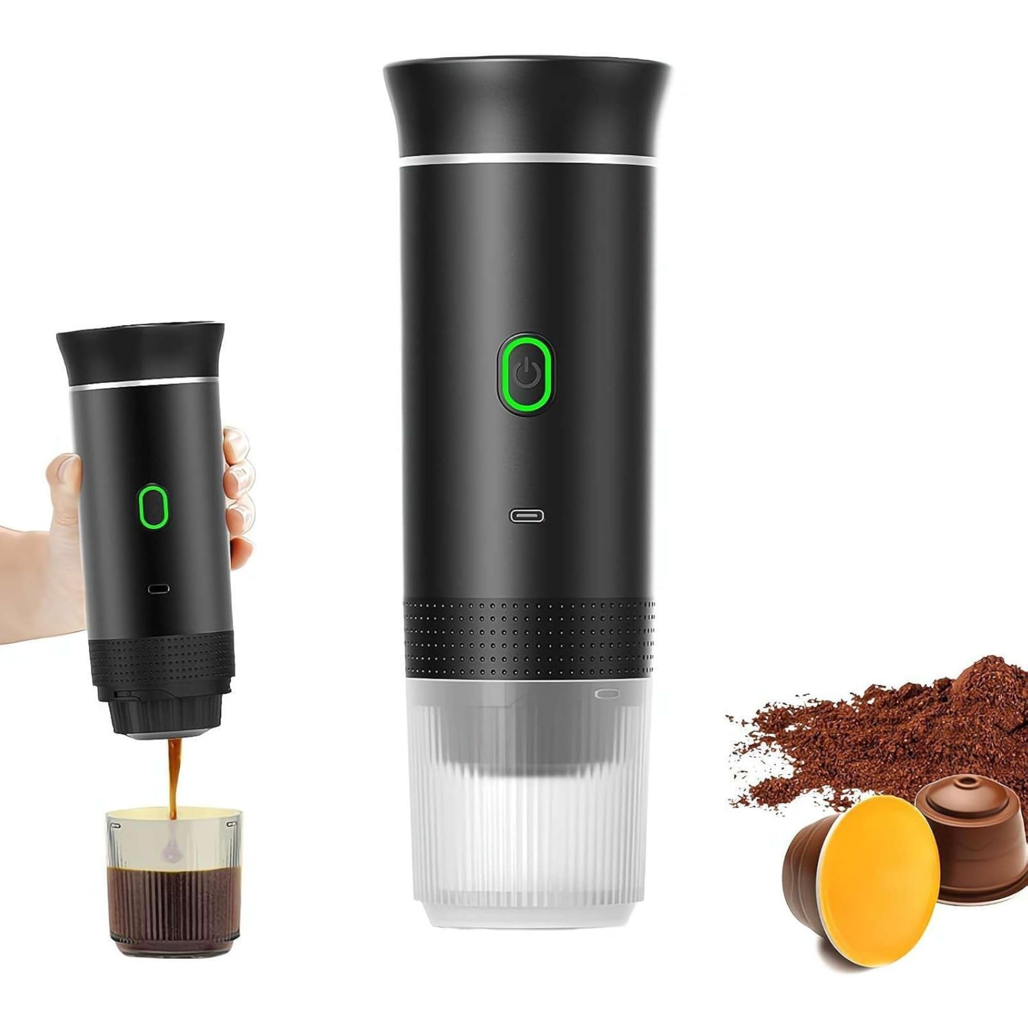 Espressna - Máquina de café expreso portátil 3 en 1 - Compatible con cápsulas Nespresso, Dolce Gusto y Café Picado, 20 Bar, Autocalentador, USB-C, 8,5 × 24,5 cm