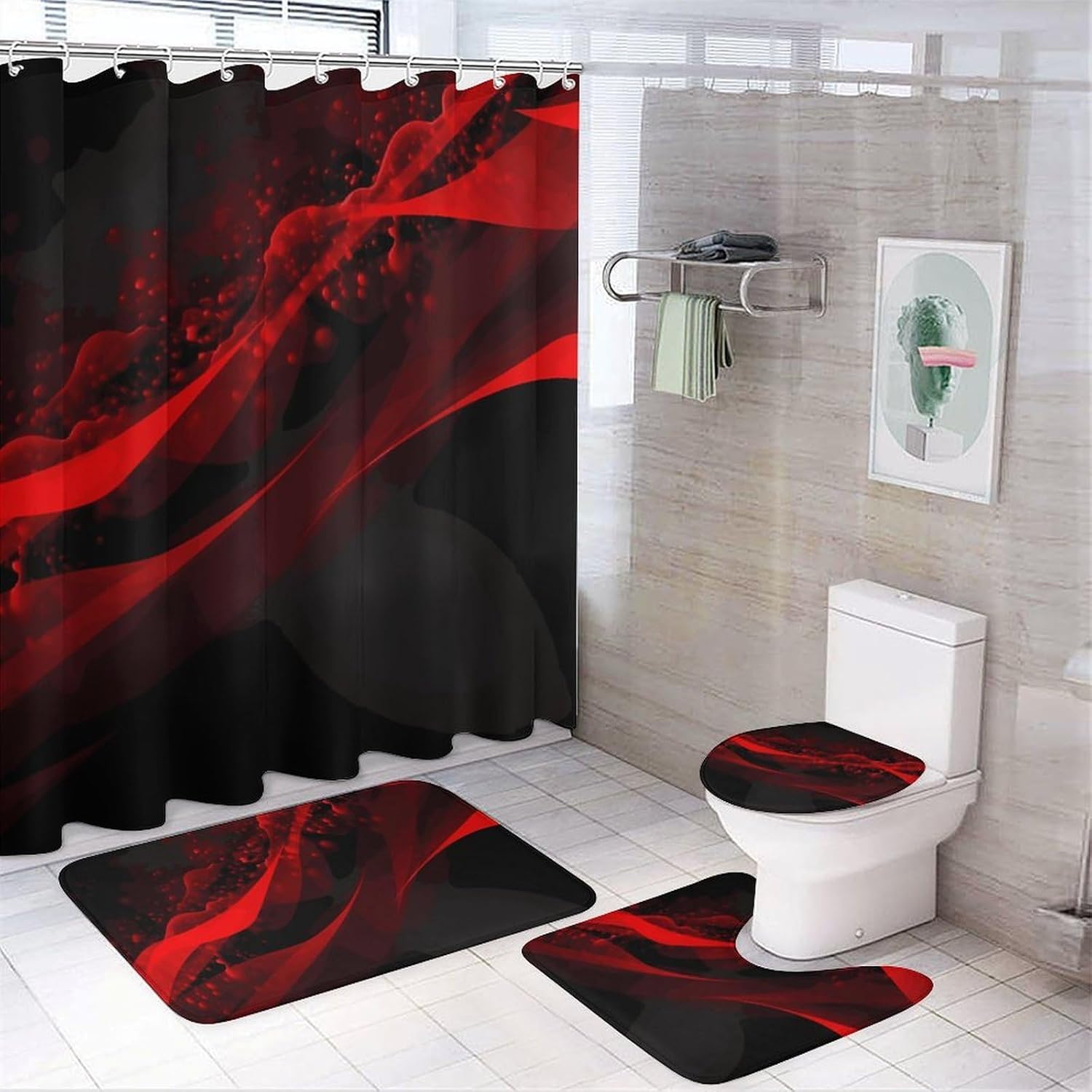 Black and Red Background Shower Curtain Set 4 Piece, Non-Slip Bath Mat with Toilet Lid Cover and Waterproof Shower Curtain with 12 Hooks, Complete Bathroom Set for Home Decor