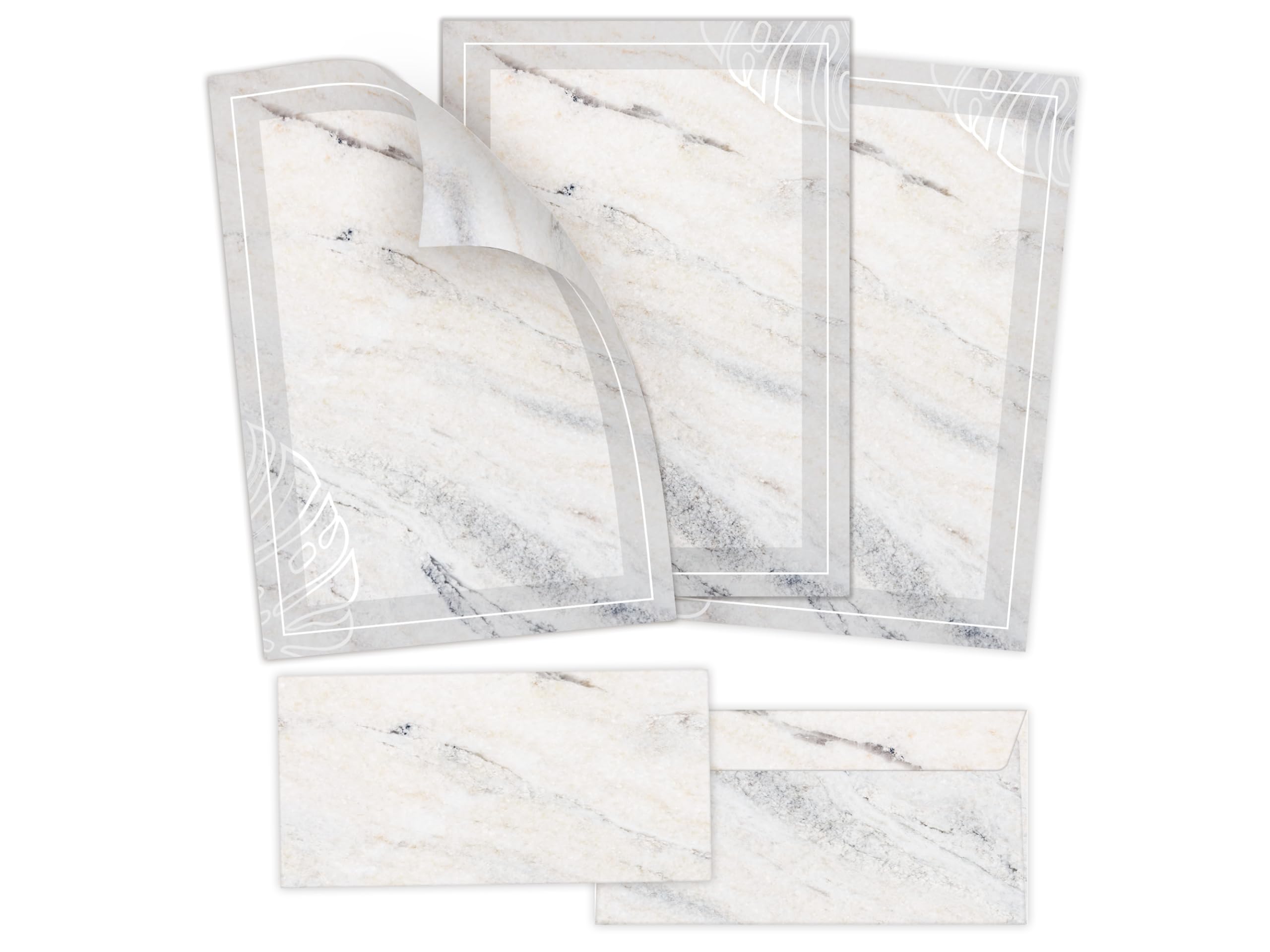 Briefpapier-Set 250 Druckerpapier DIN A4 + 250 Umschläge DIN-lang haftklebend Marmor grau Marmoriertes Papier beidseitig beschriftbar bedruckbar für Einladung Briefpost Firmenpost Urkunde