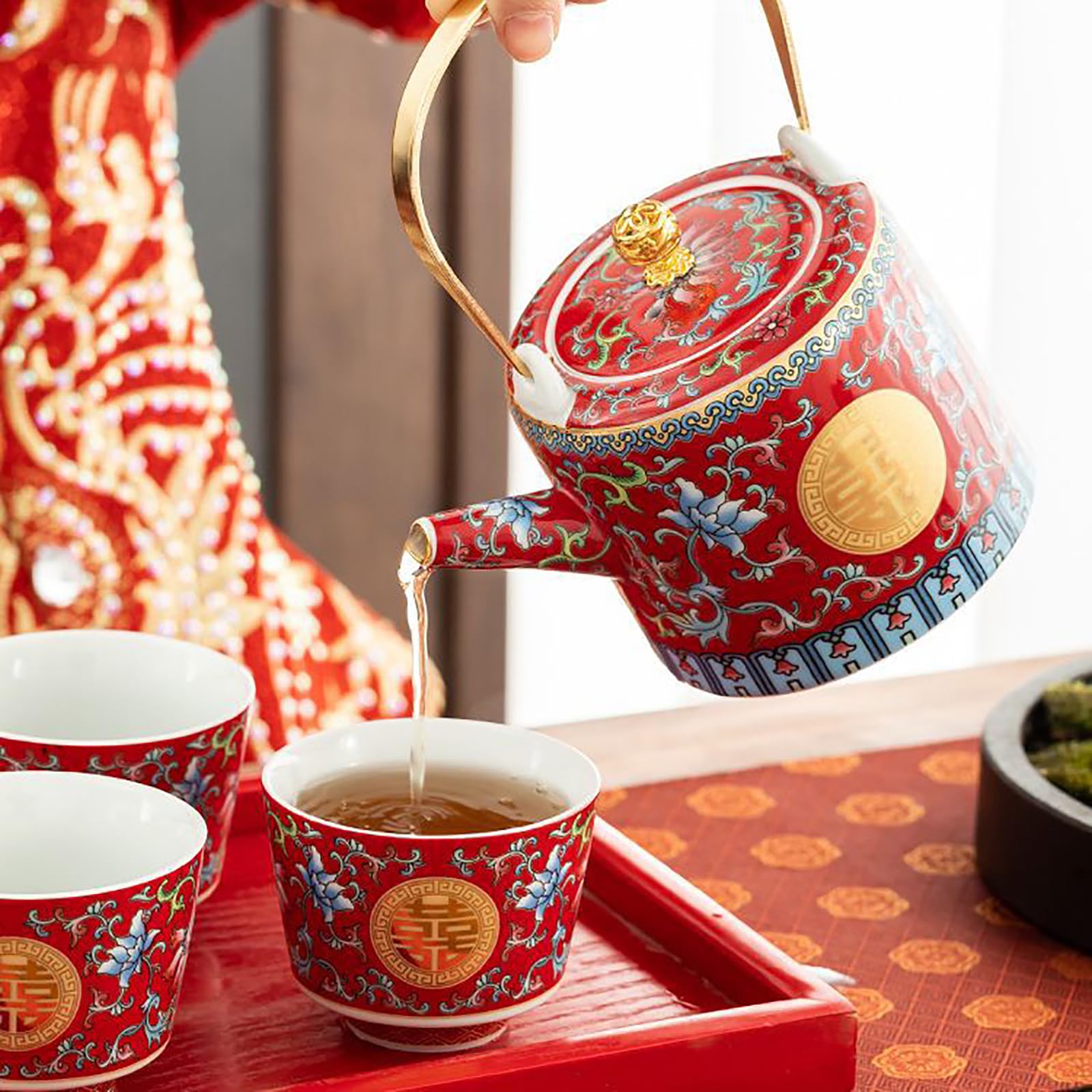 Élégant service à thé traditionnel chinois de mariage, belle porcelaine avec poignée de poutre, cadeau de cérémonie du thé de mariage idéal pour les jeunes mariés et amis, fournitures de décoration de